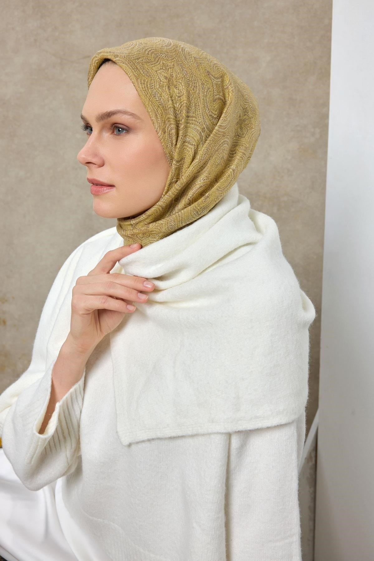Tencel Monare Eşarp Etnik Desen Asit Yeşili 90X90