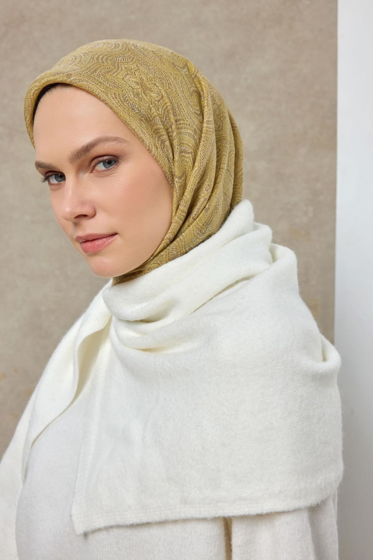 Tencel Monare Eşarp Etnik Desen Asit Yeşili 90X90