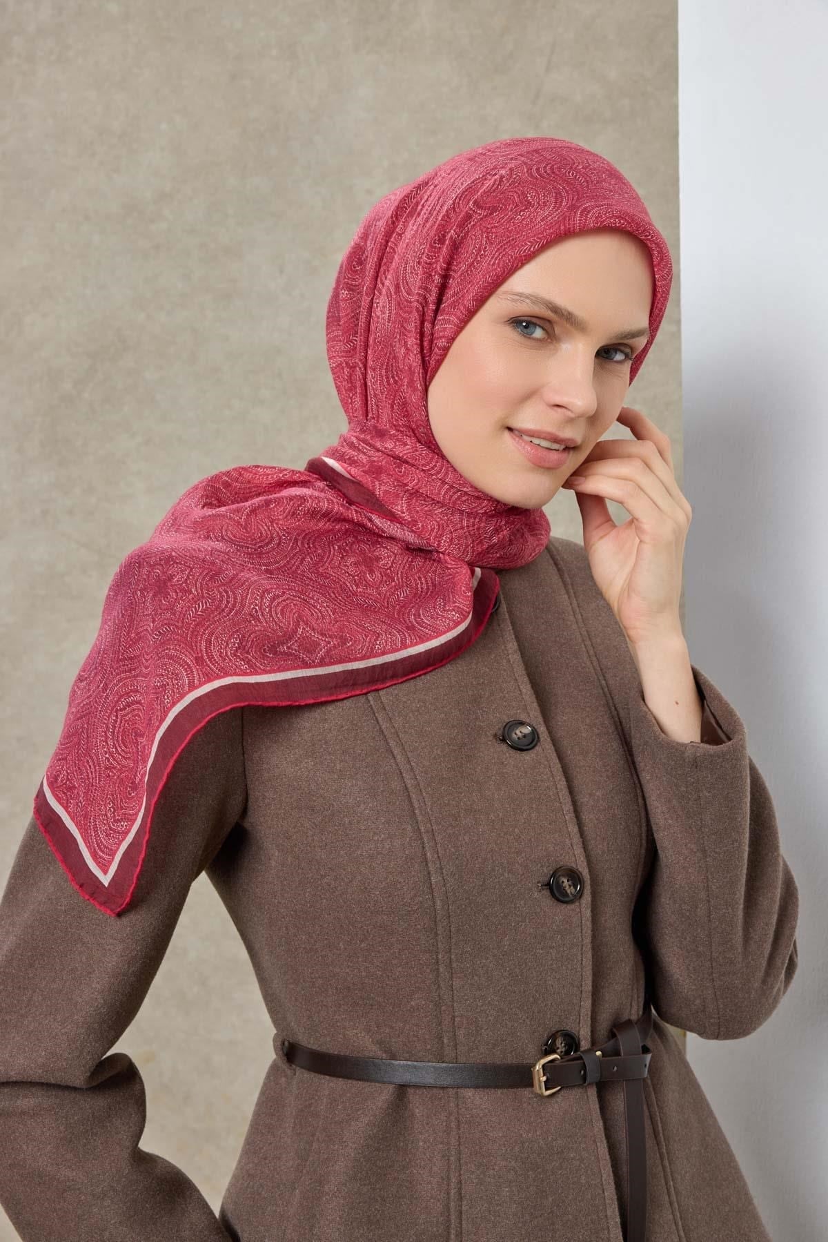 Tencel Monare Eşarp Etnik Desen Fuşya 90X90