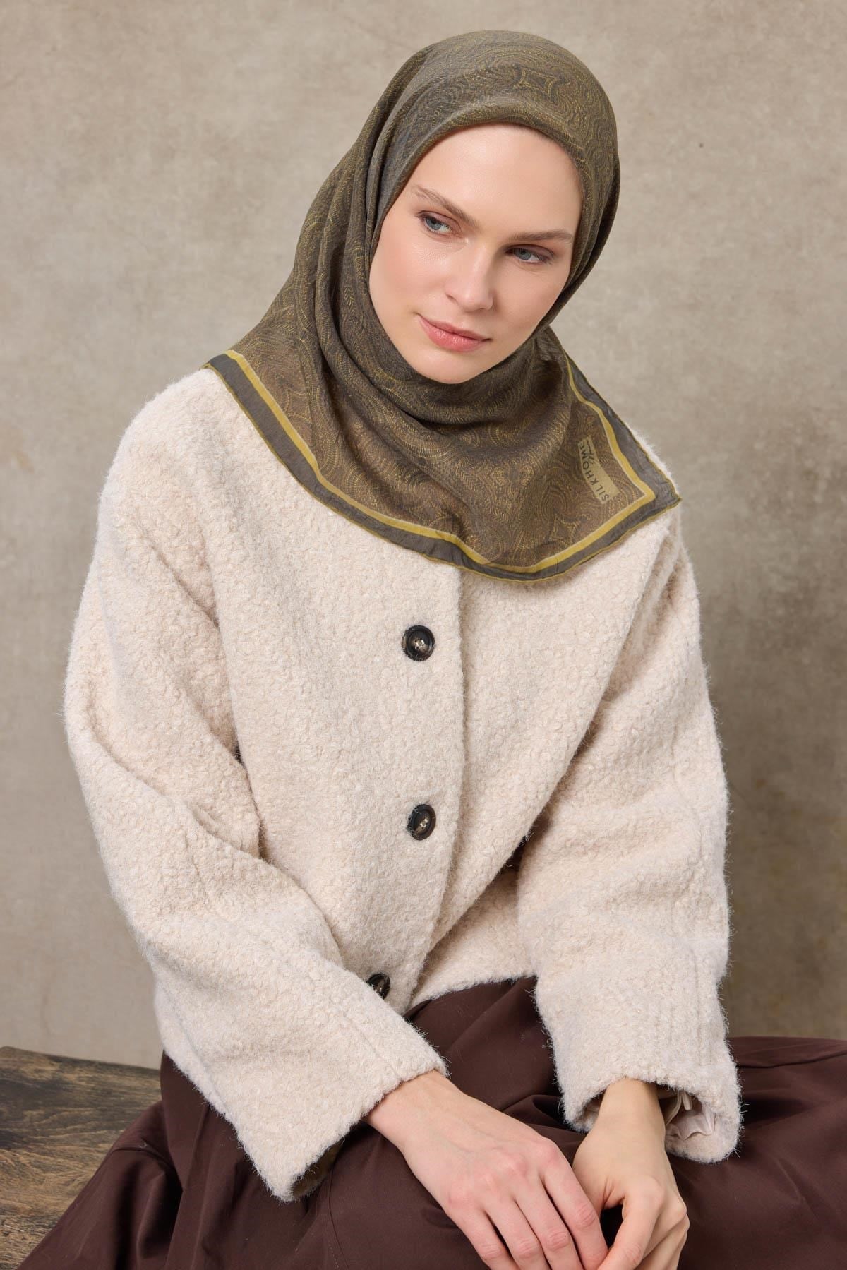 Tencel Monare Eşarp Etnik Desen Haki 90X90