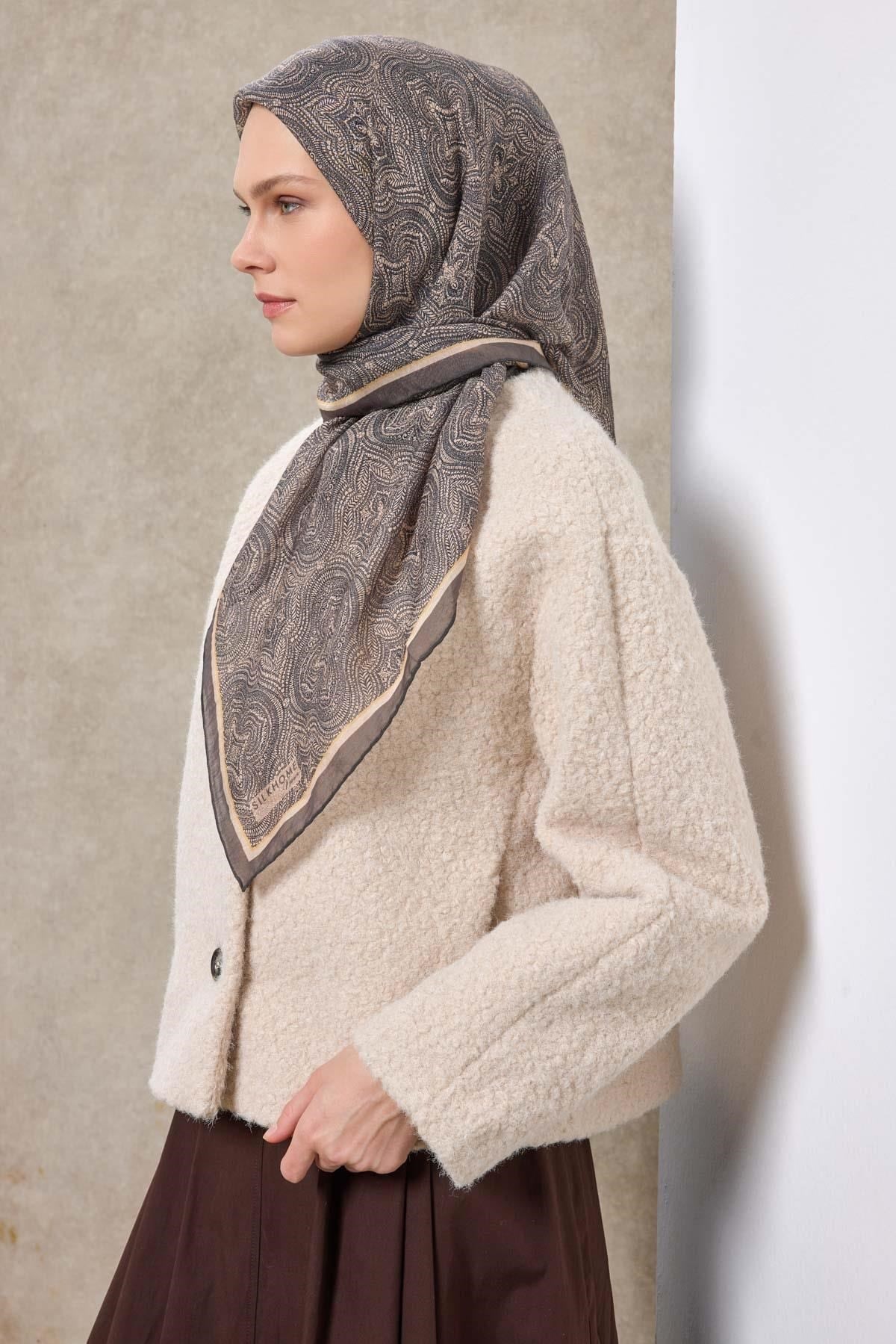 Tencel Monare Eşarp Etnik Desen Koyu Gri 90X90