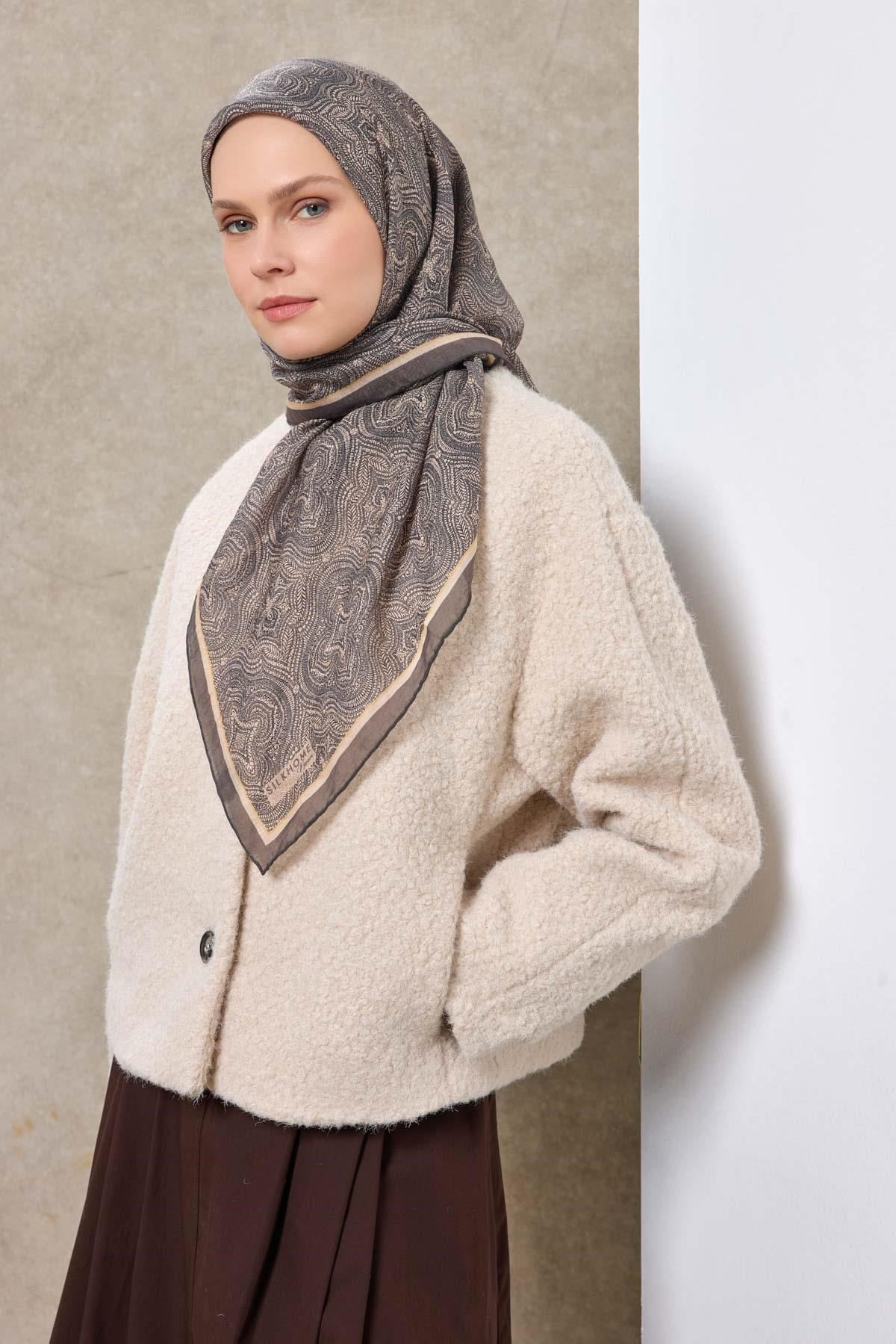 Tencel Monare Eşarp Etnik Desen Koyu Gri 90X90