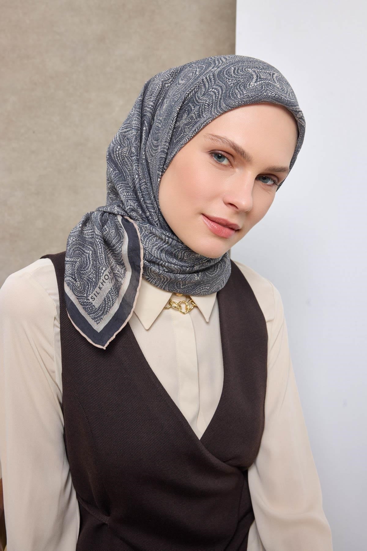 Tencel Monare Eşarp Etnik Desen Koyu Indigo 90X90