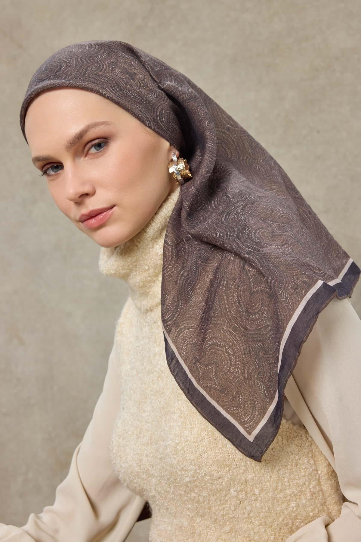 Tencel Monare Eşarp Etnik Desen Koyu Lacivert 90X90