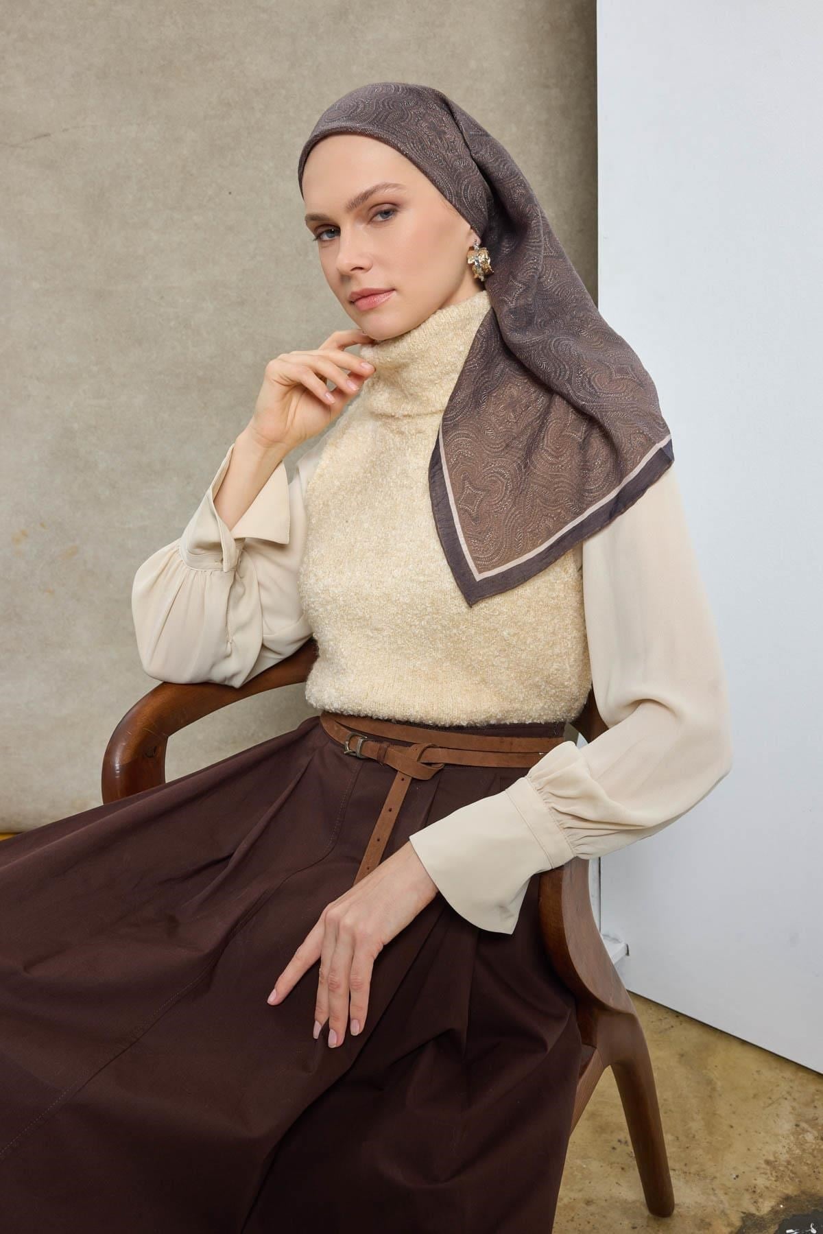 Tencel Monare Eşarp Etnik Desen Koyu Lacivert 90X90