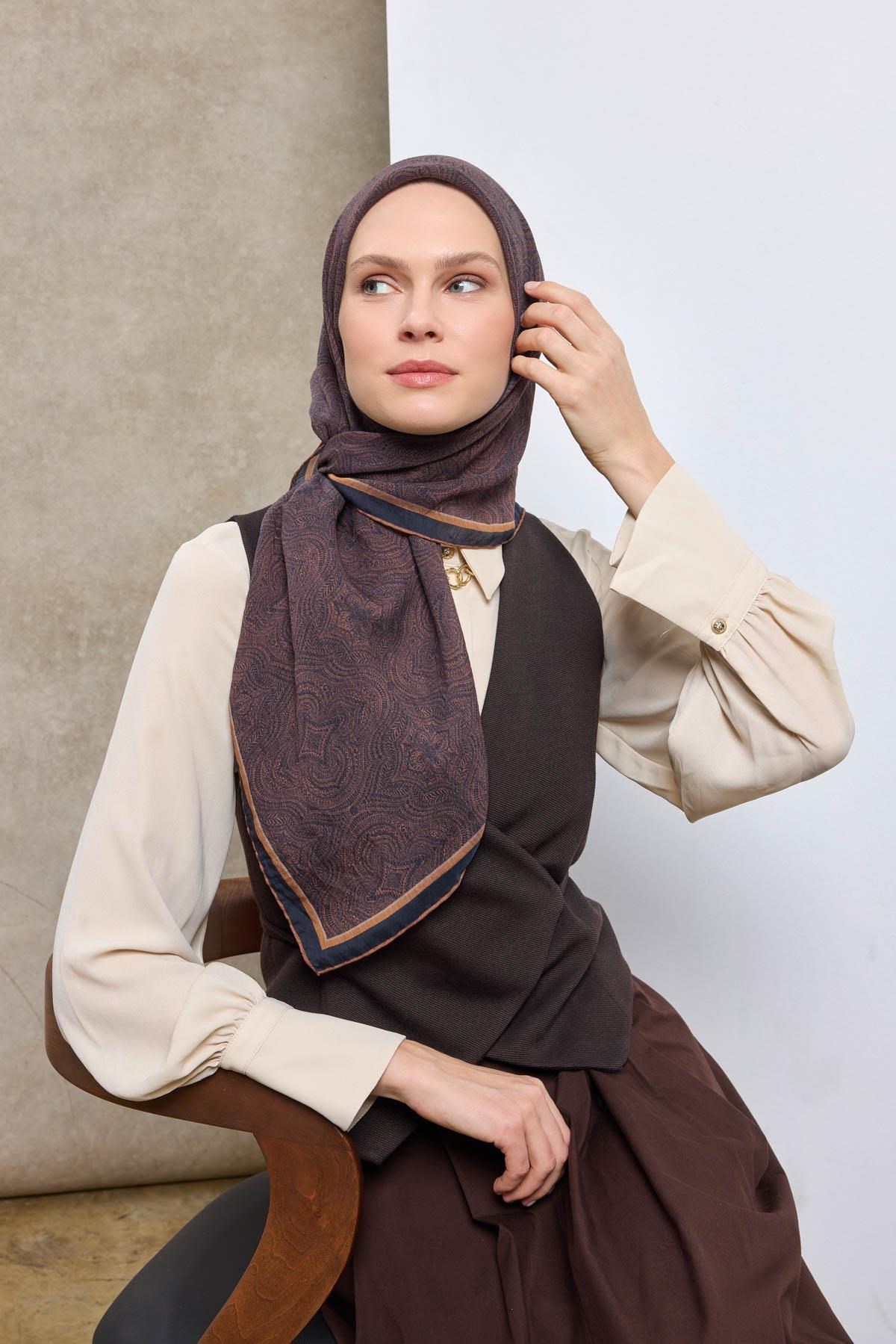 Tencel Monare Eşarp Etnik Desen Lacivert 90X90