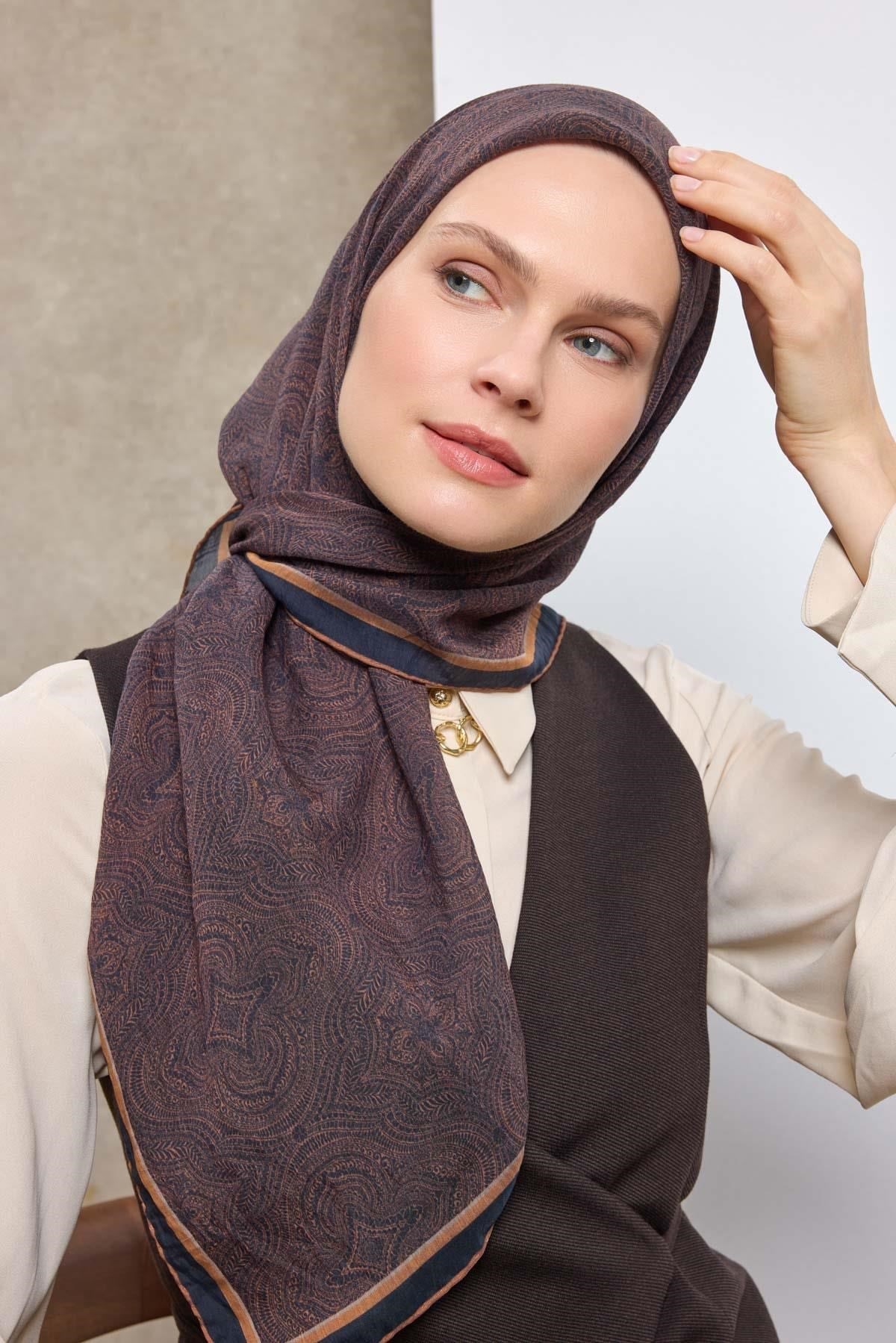 Tencel Monare Eşarp Etnik Desen Lacivert 90X90
