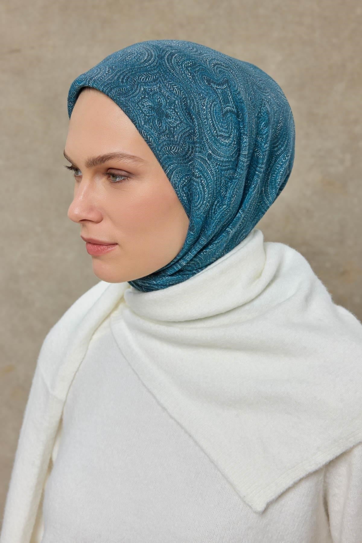 Tencel Monare Eşarp Etnik Desen Mavi 90X90