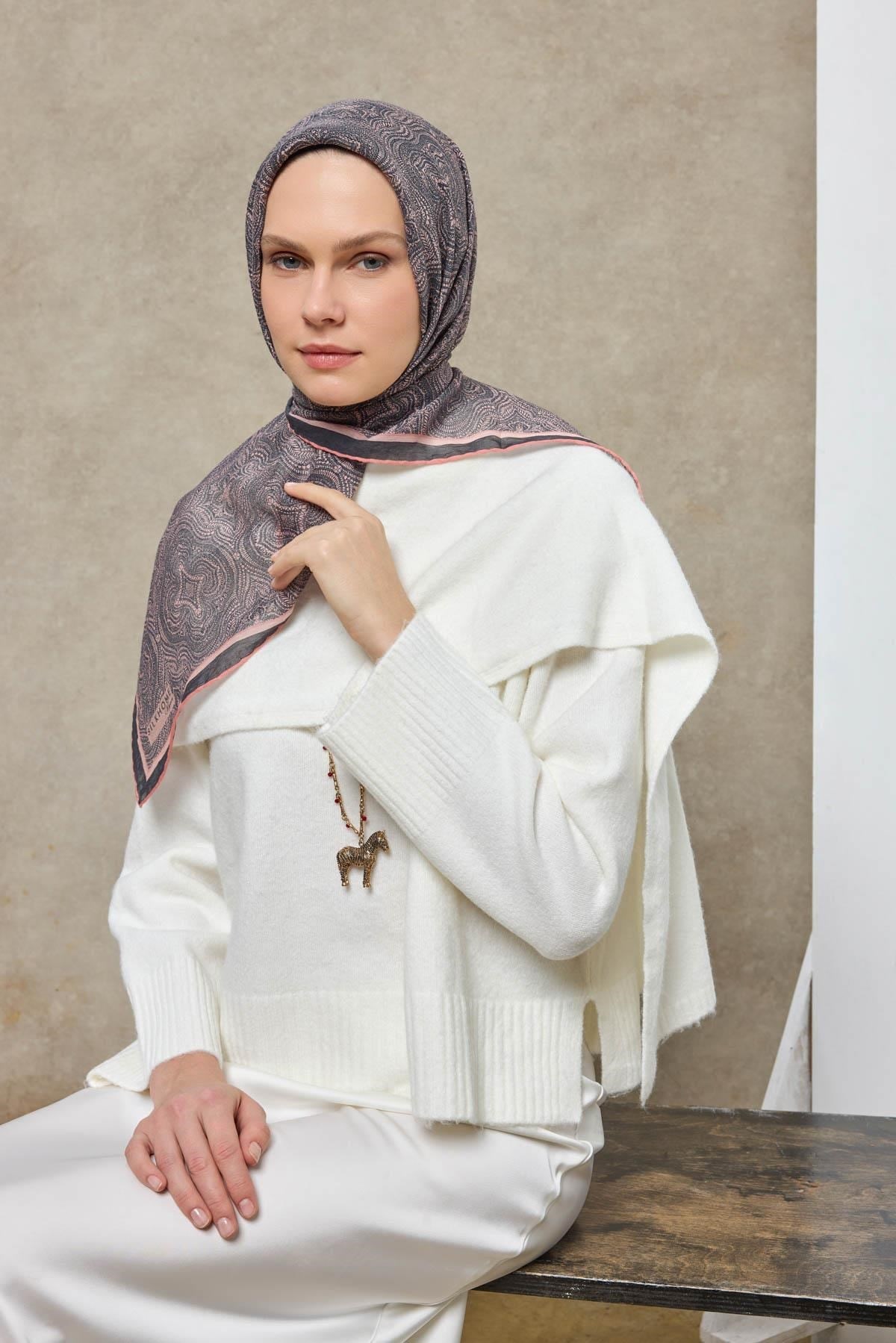 Tencel Monare Eşarp Etnik Desen Pudra Pembe 90X90