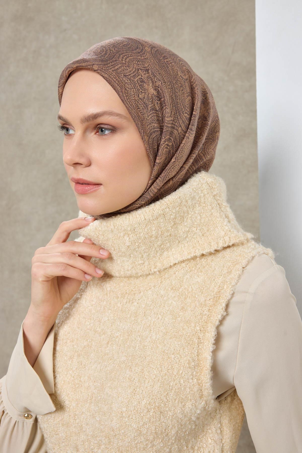 Tencel Monare Eşarp Etnik Desen Pudra Vizon 90X90
