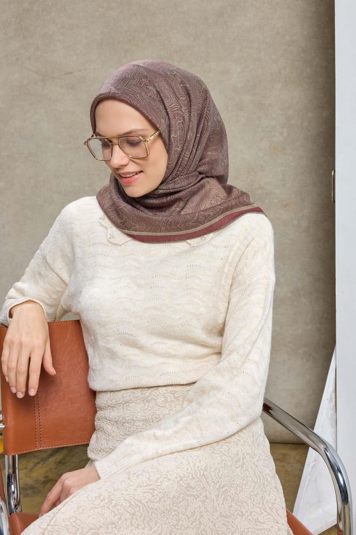 Tencel Monare Eşarp Etnik Desen Şarabi 90X90