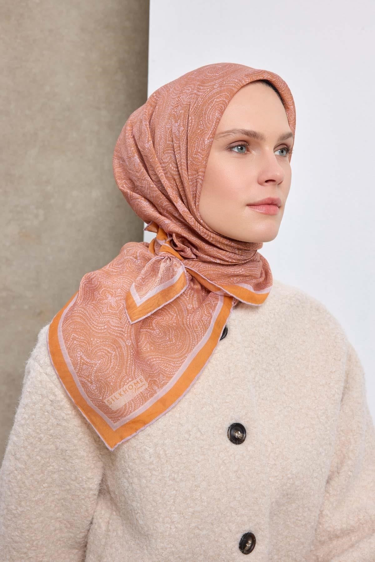 Tencel Monare Eşarp Etnik Desen Turuncu 90X90