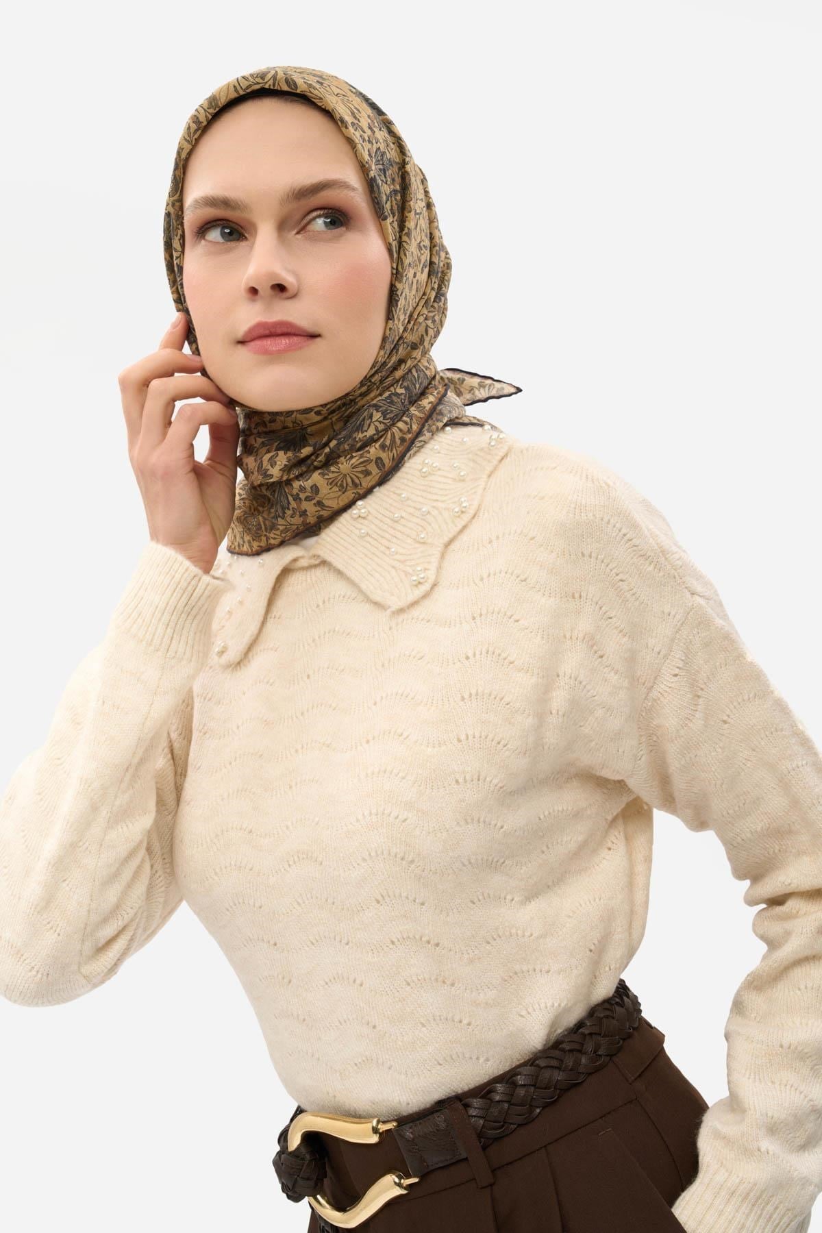 Tencel Monare Eşarp Floral Desen Açık Gold 90X90