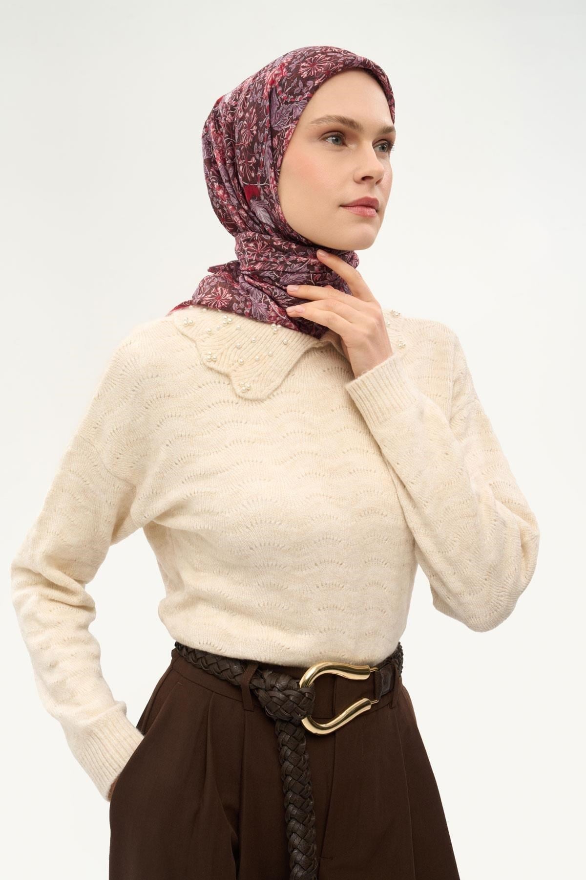 Tencel Monare Eşarp Floral Desen Bordo 90X90
