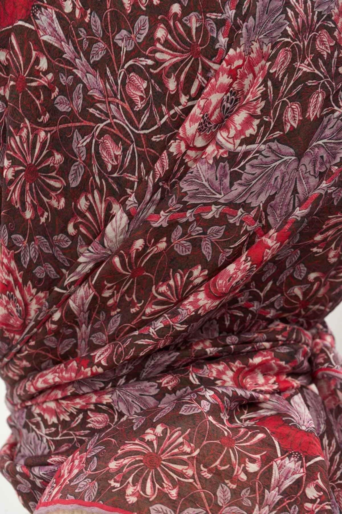 Tencel Monare Eşarp Floral Desen Bordo 90X90