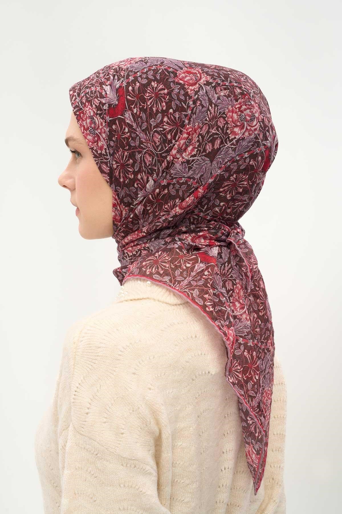 Tencel Monare Eşarp Floral Desen Bordo 90X90