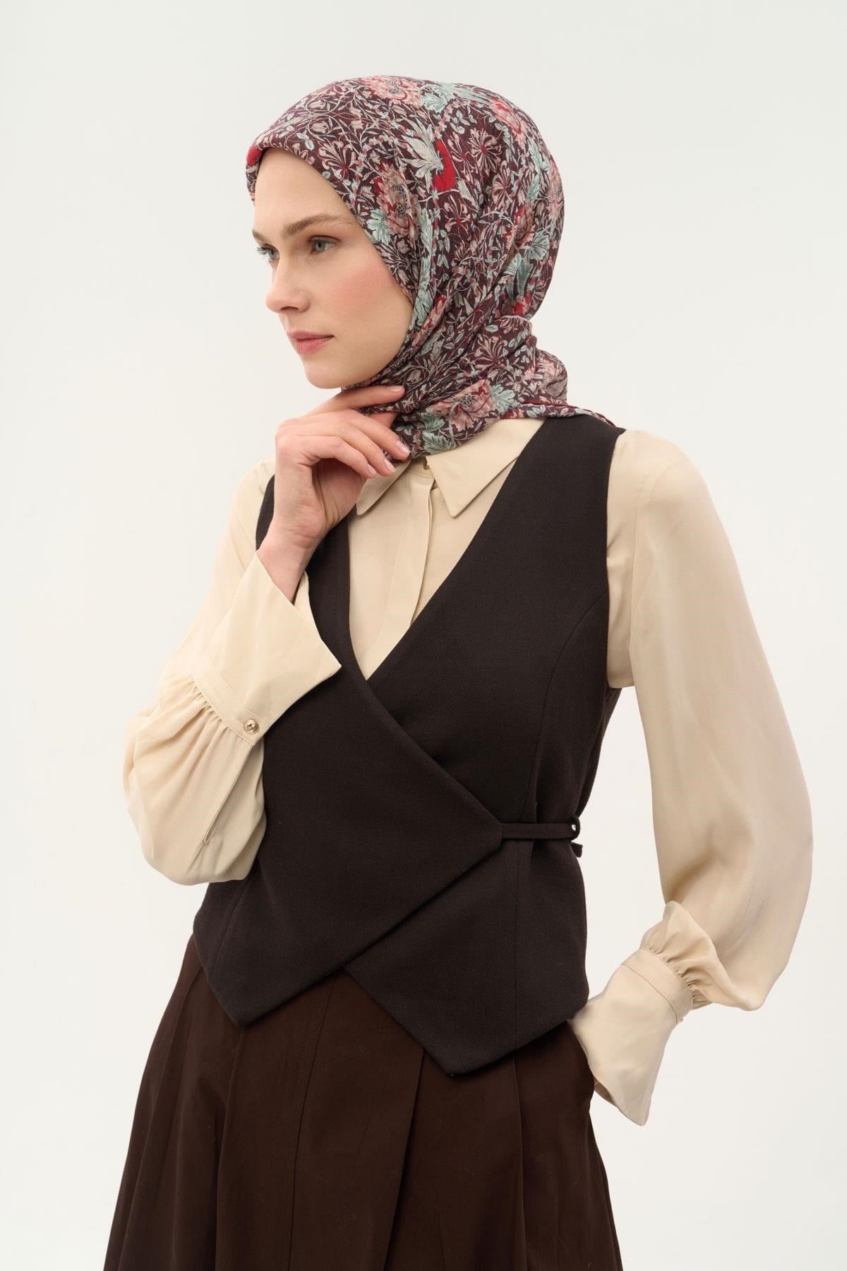 Tencel Monare Eşarp Floral Desen Bordo 90X90