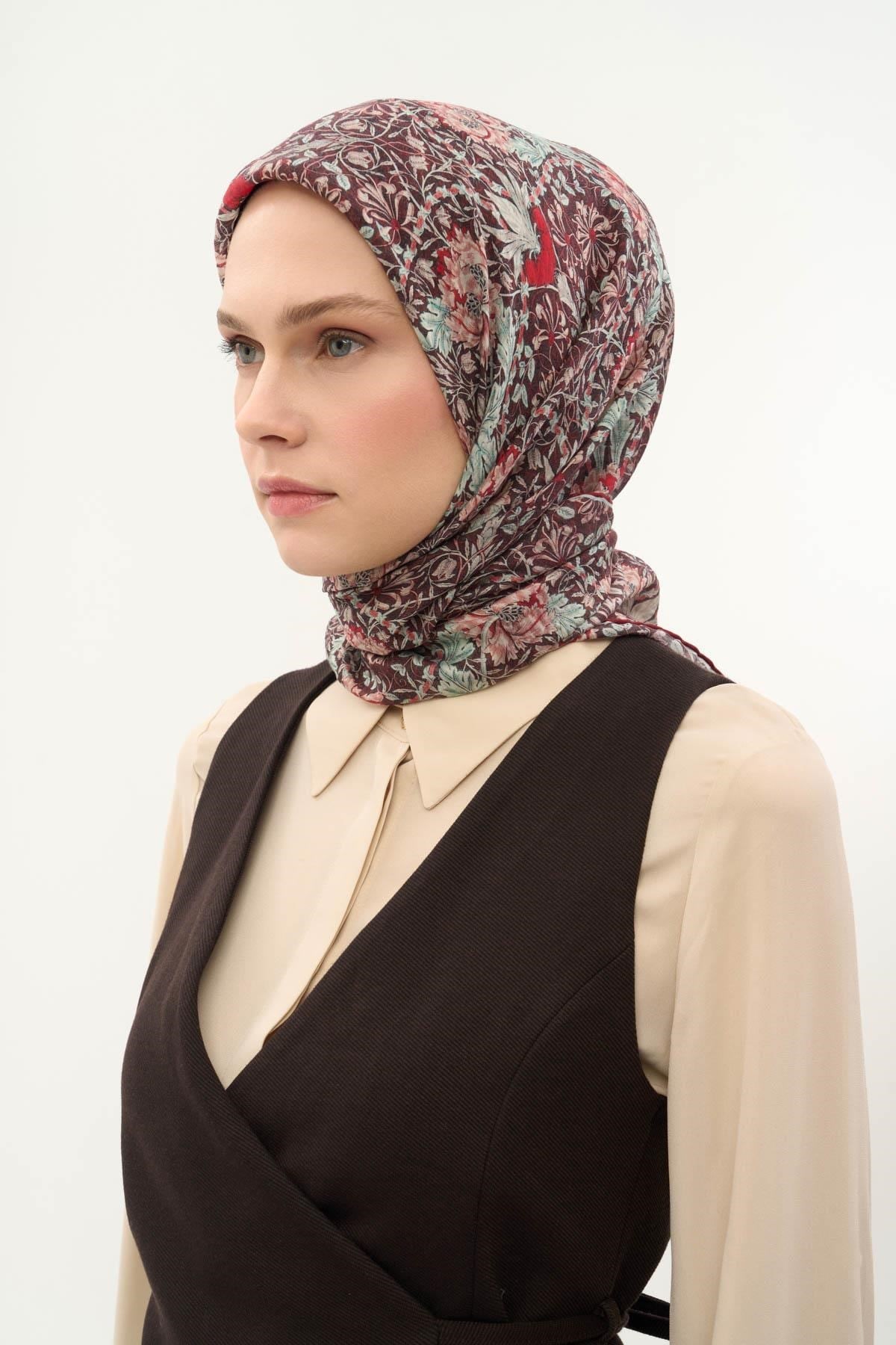 Tencel Monare Eşarp Floral Desen Bordo 90X90