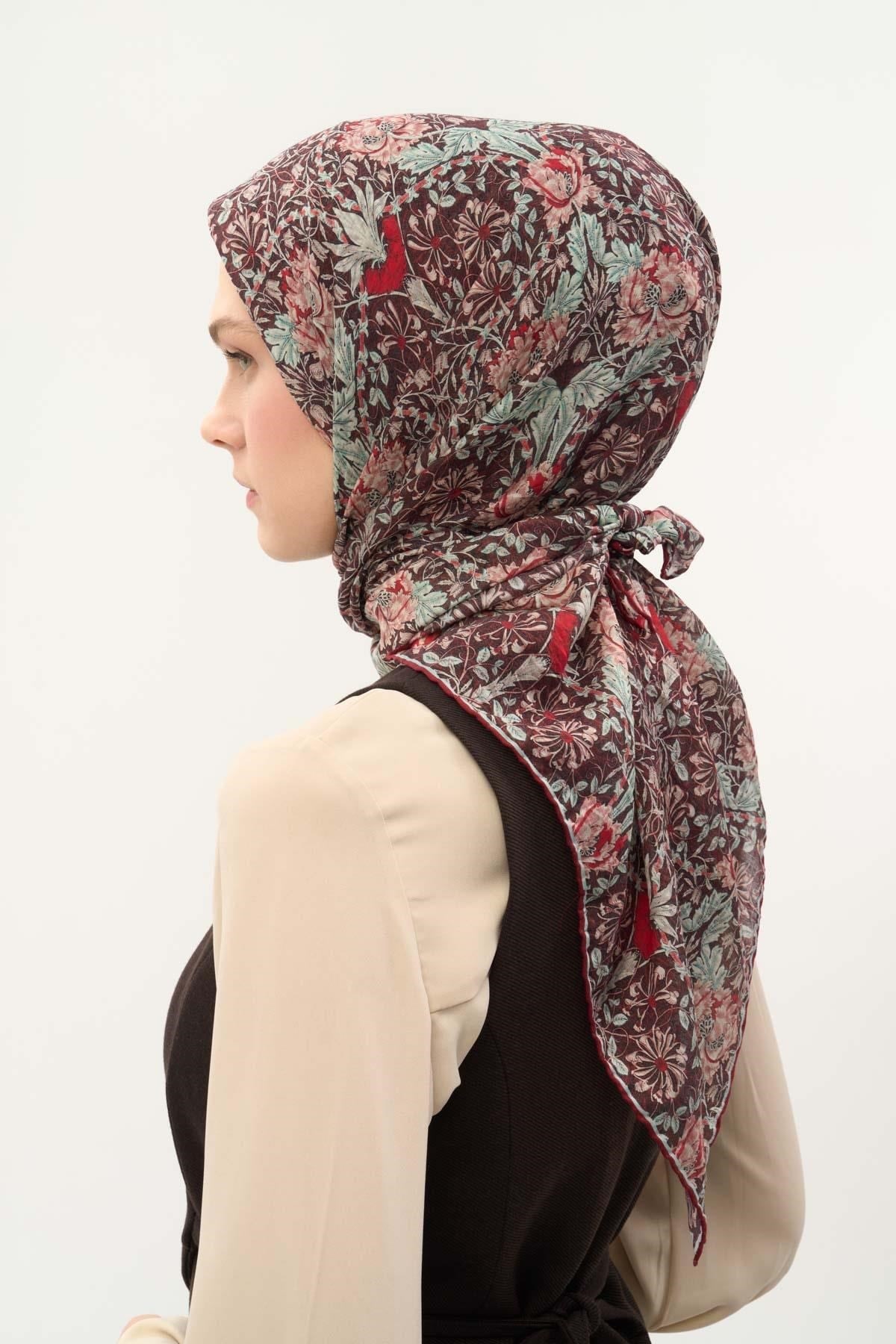 Tencel Monare Eşarp Floral Desen Bordo 90X90