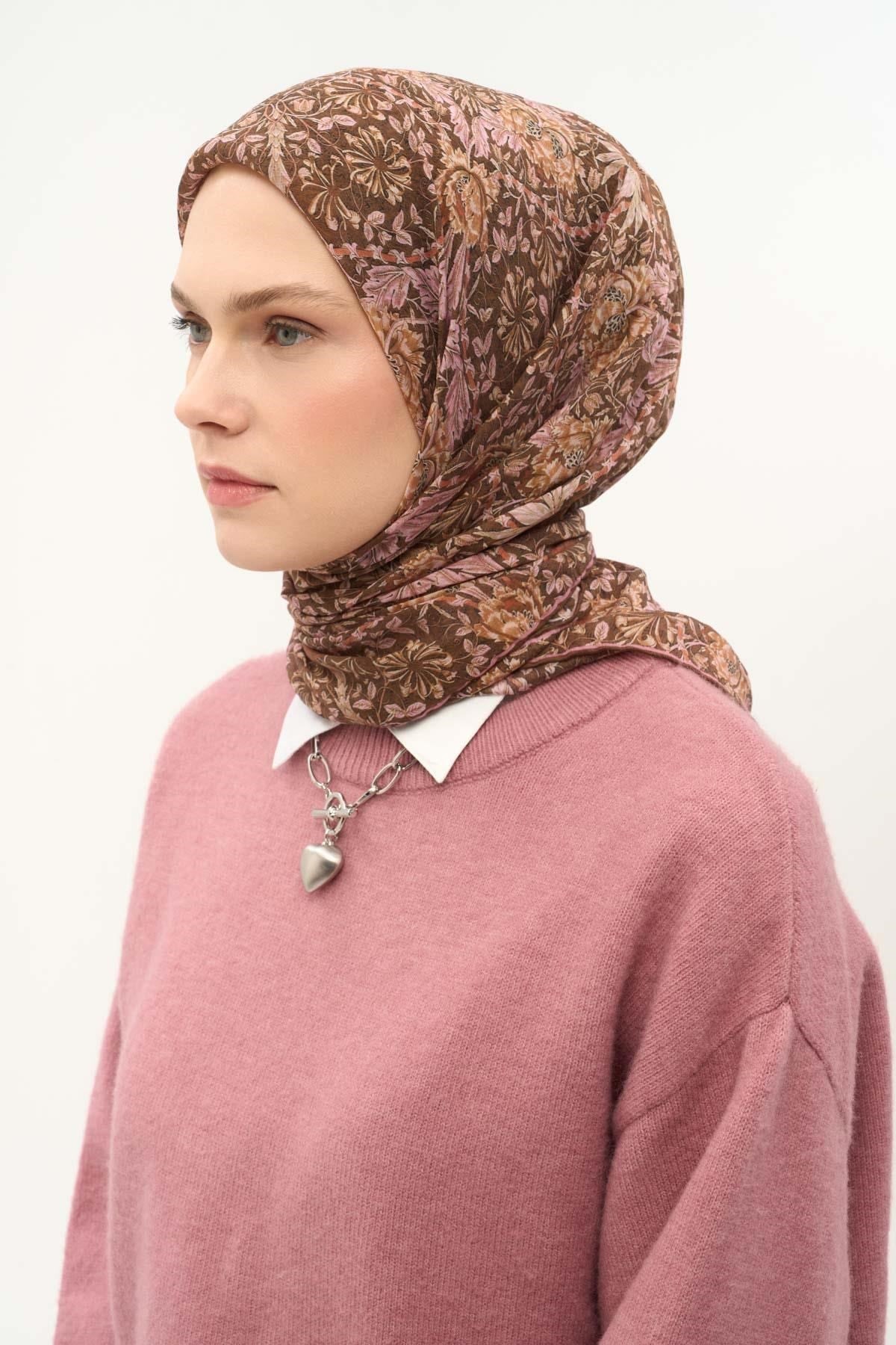 Tencel Monare Eşarp Floral Desen Çikolata Kahve 90X90