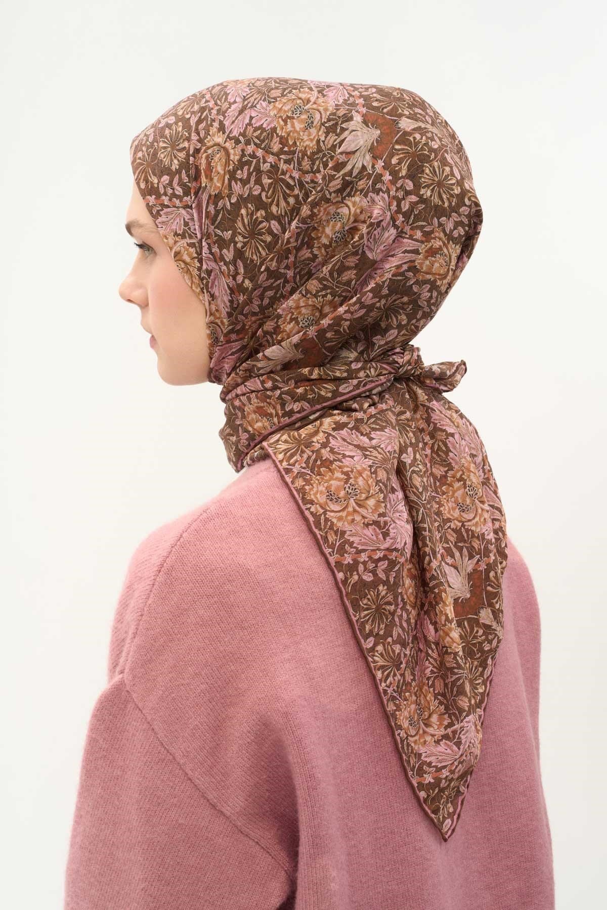Tencel Monare Eşarp Floral Desen Çikolata Kahve 90X90
