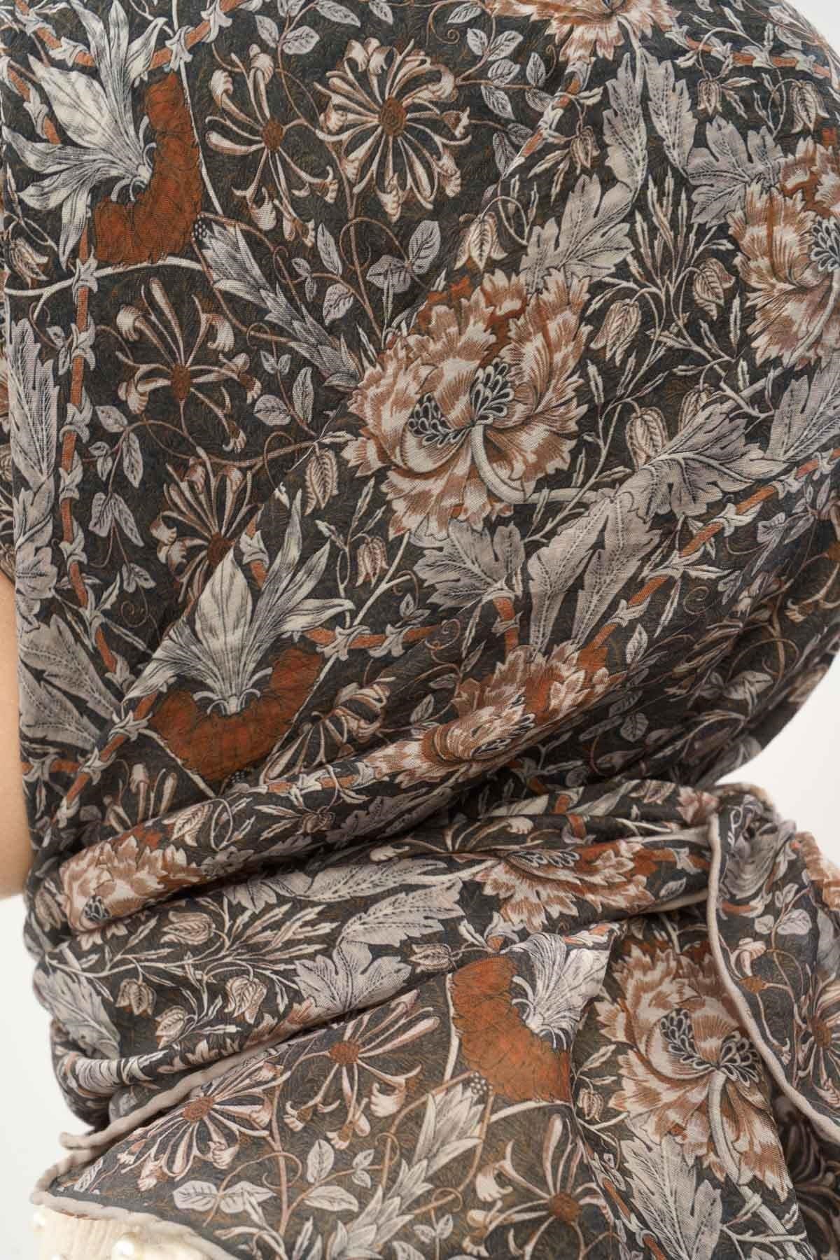 Tencel Monare Eşarp Floral Desen Füme 90X90