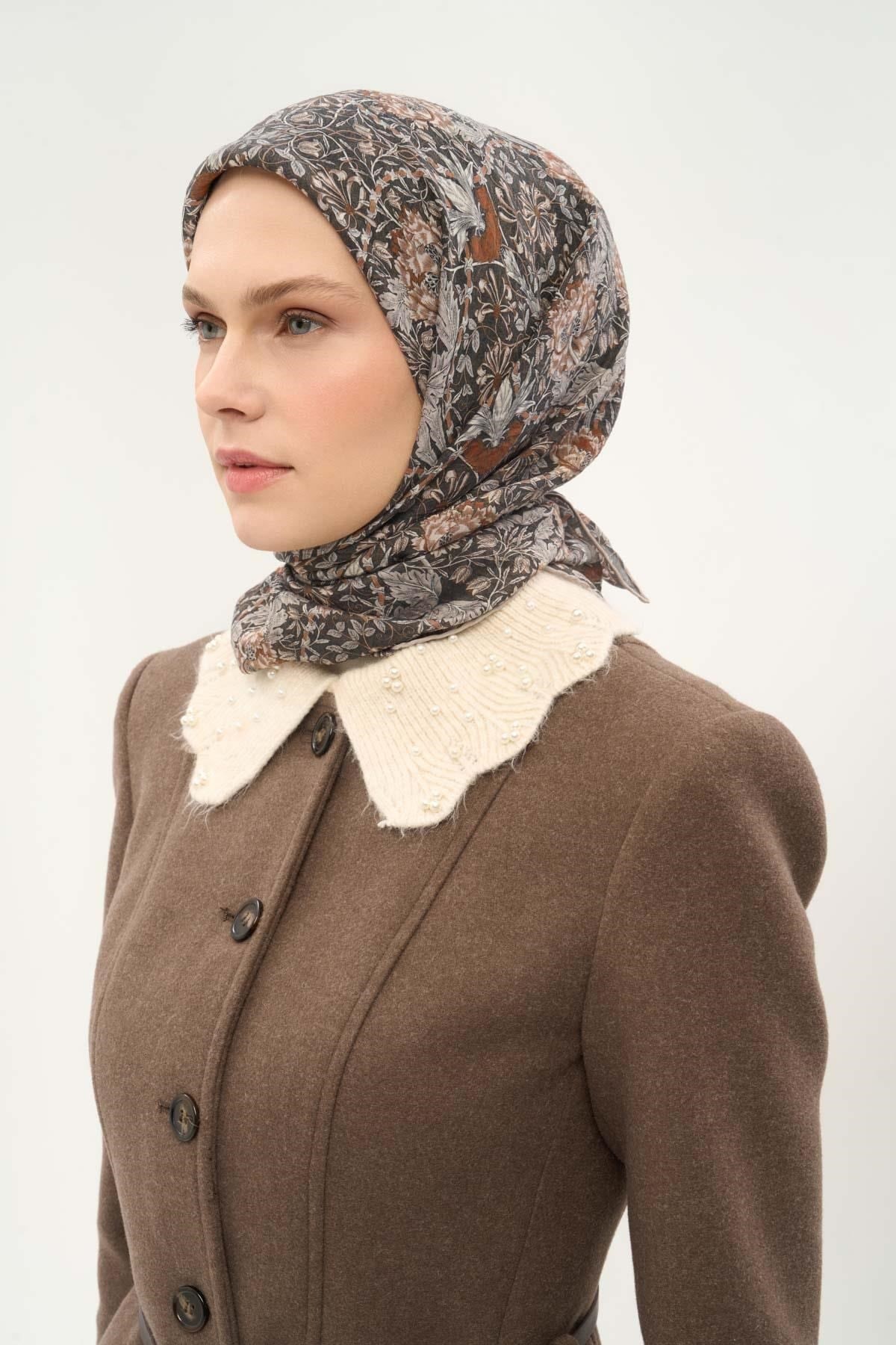 Tencel Monare Eşarp Floral Desen Füme 90X90