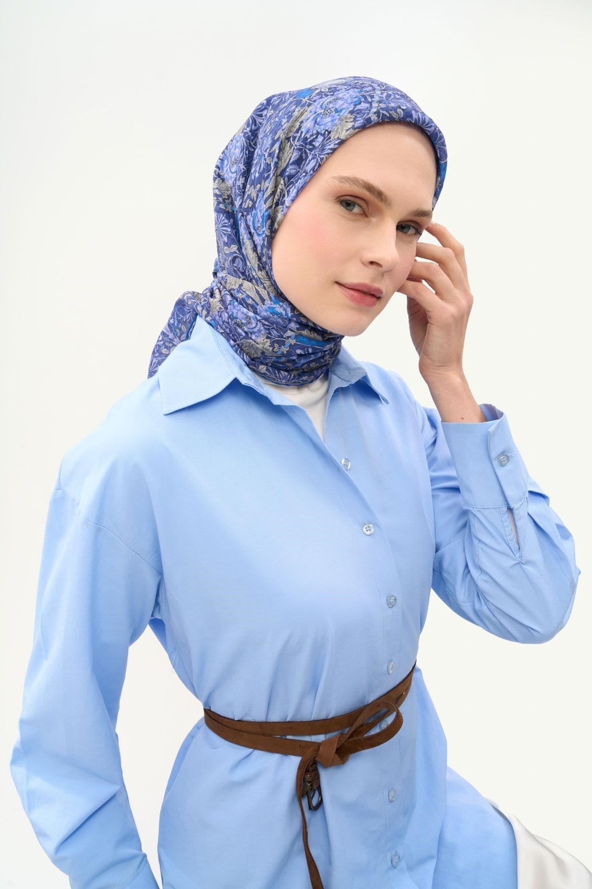 Tencel Monare Eşarp Floral Desen Gece Mavisi 90X90