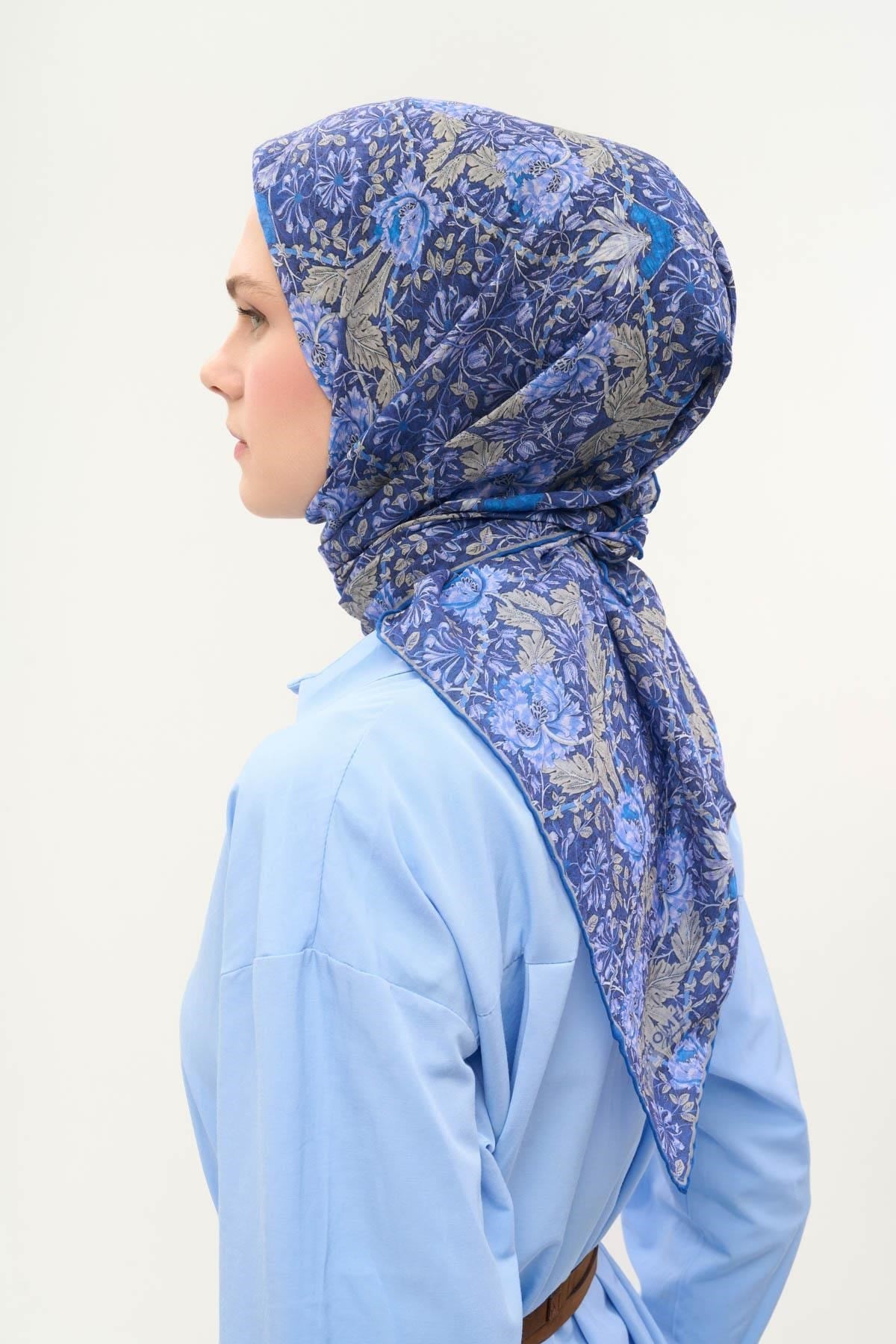 Tencel Monare Eşarp Floral Desen Gece Mavisi 90X90