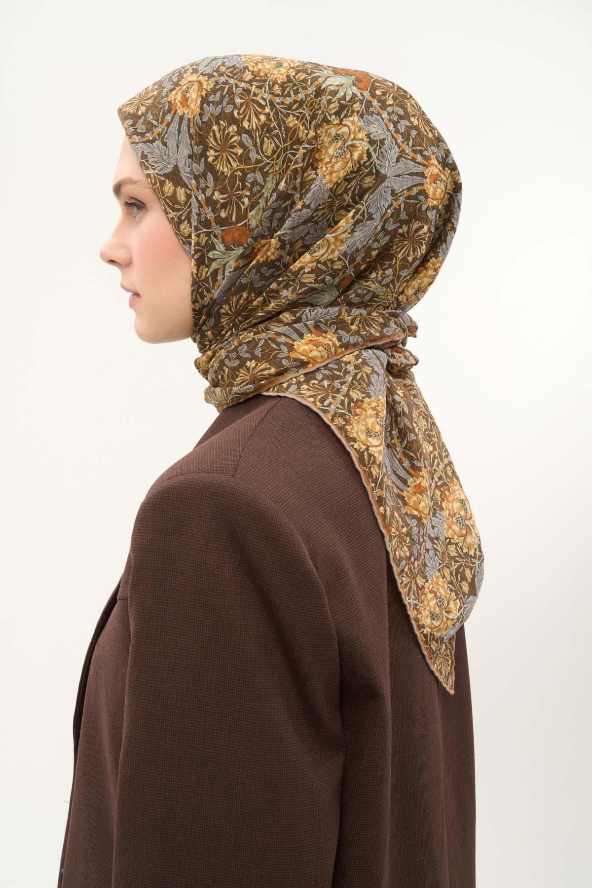Tencel Monare Eşarp Floral Desen Kahve Yeşil 90X90