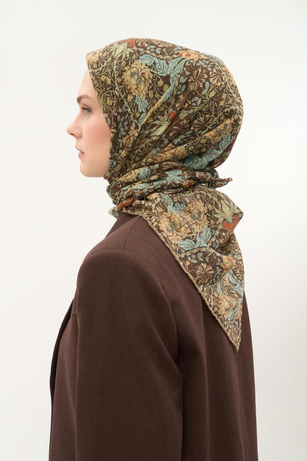 Tencel Monare Eşarp Floral Desen Kahverengi 90X90