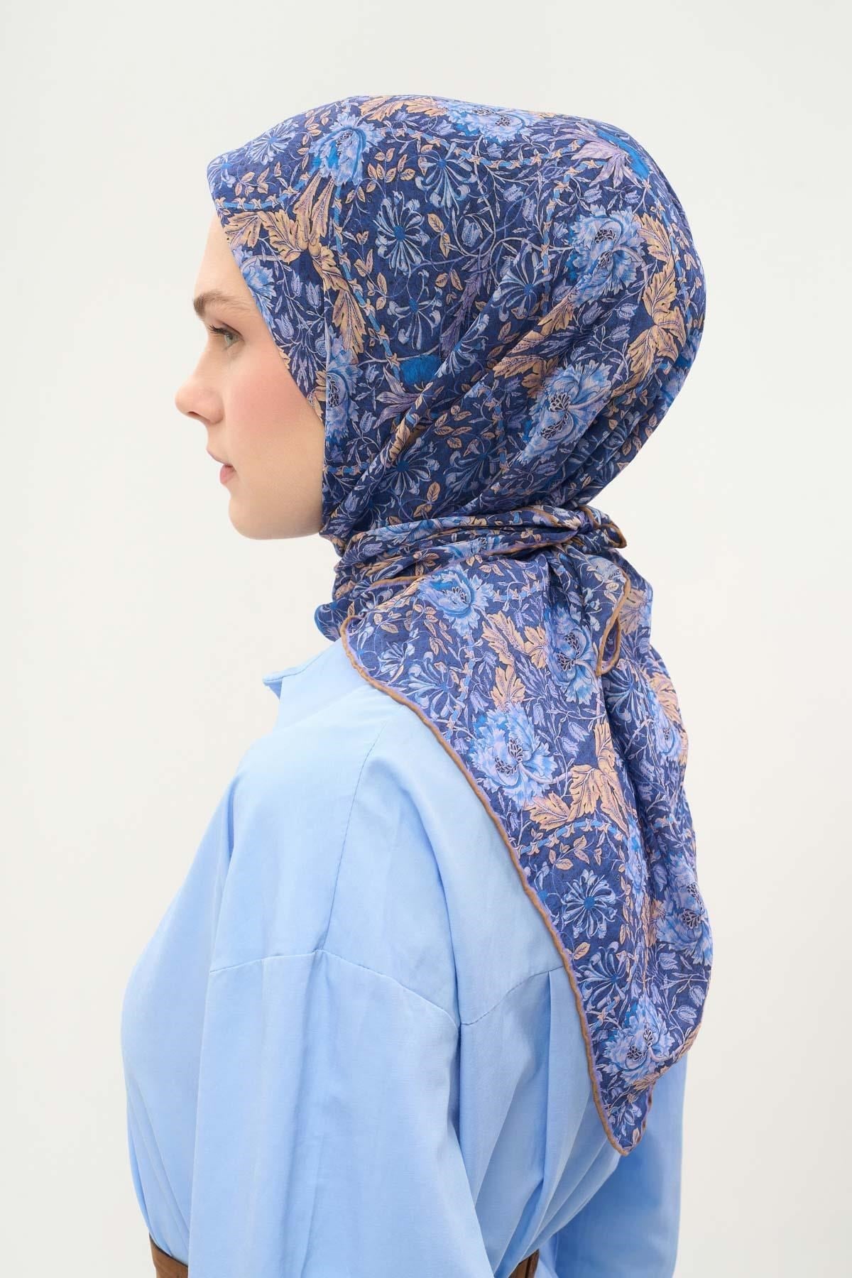 Tencel Monare Eşarp Floral Desen Koyu Mavi 90X90