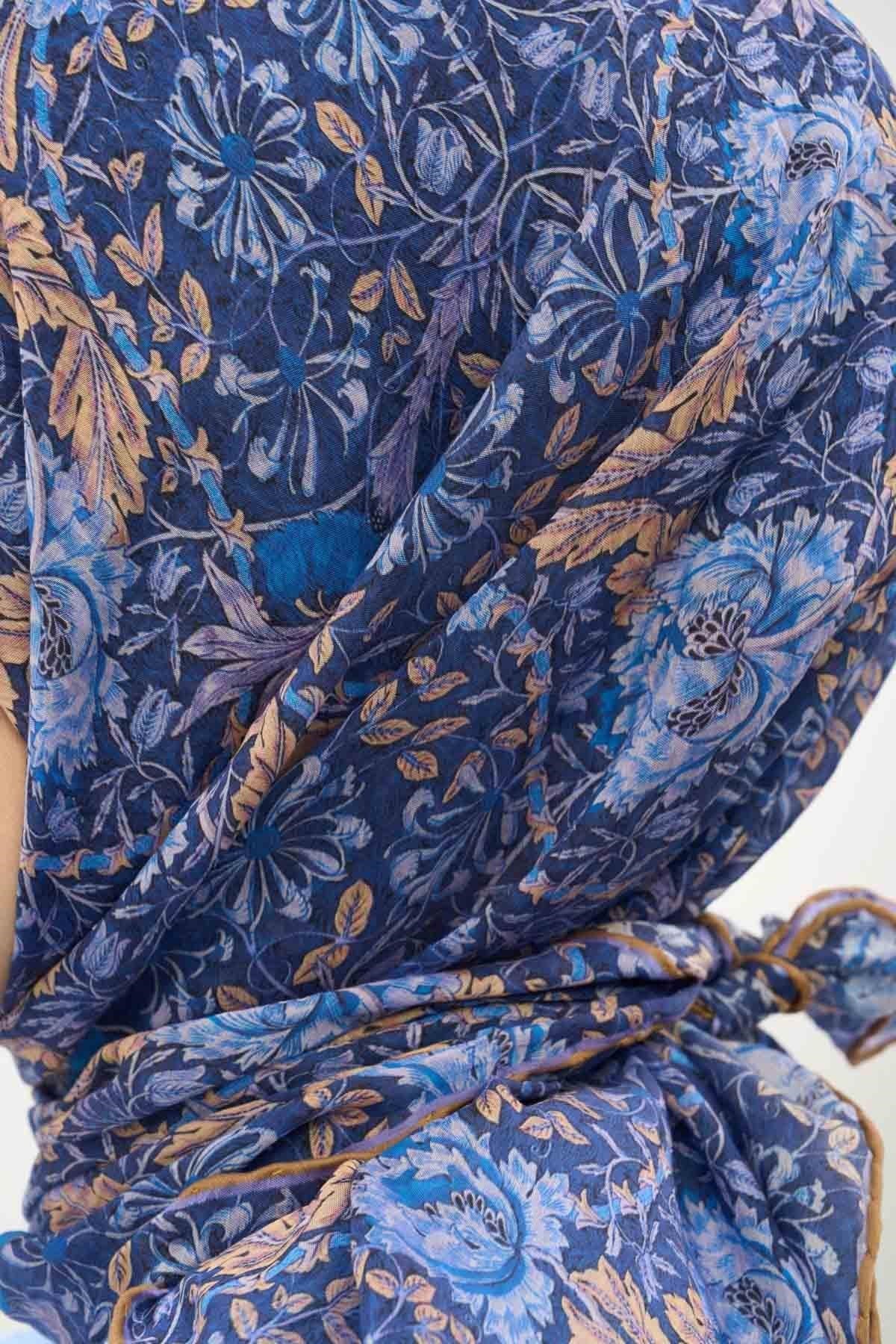 Tencel Monare Eşarp Floral Desen Koyu Mavi 90X90