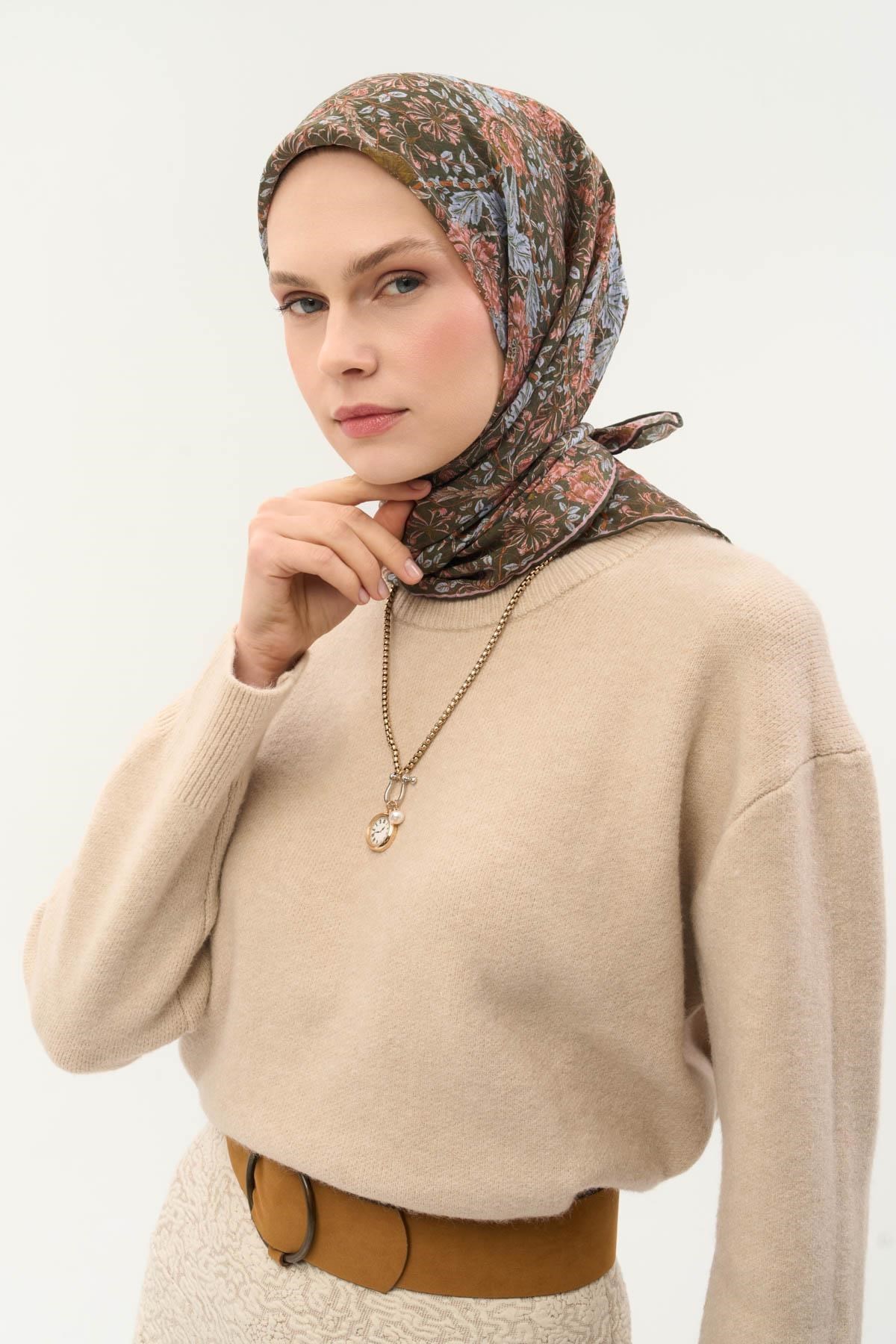 Tencel Monare Eşarp Floral Desen Koyu Yeşil 90X90