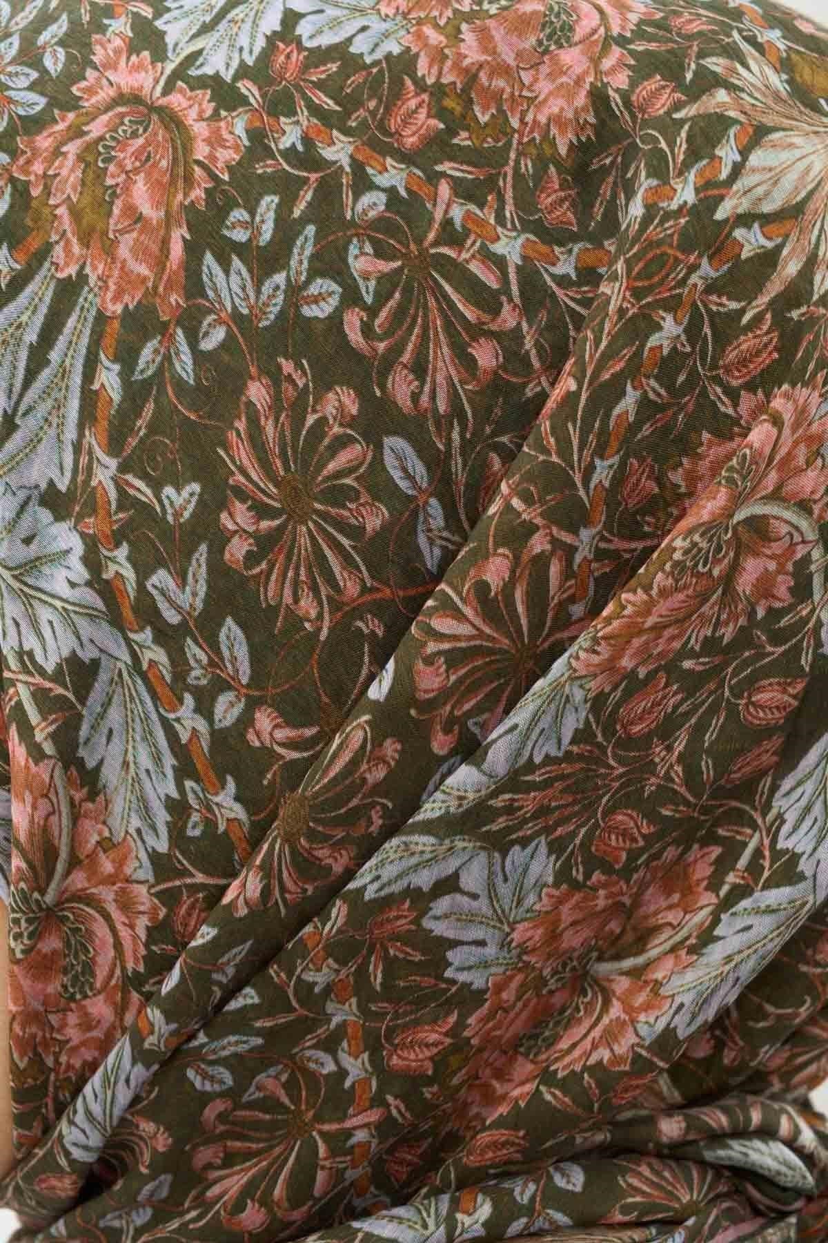 Tencel Monare Eşarp Floral Desen Koyu Yeşil 90X90