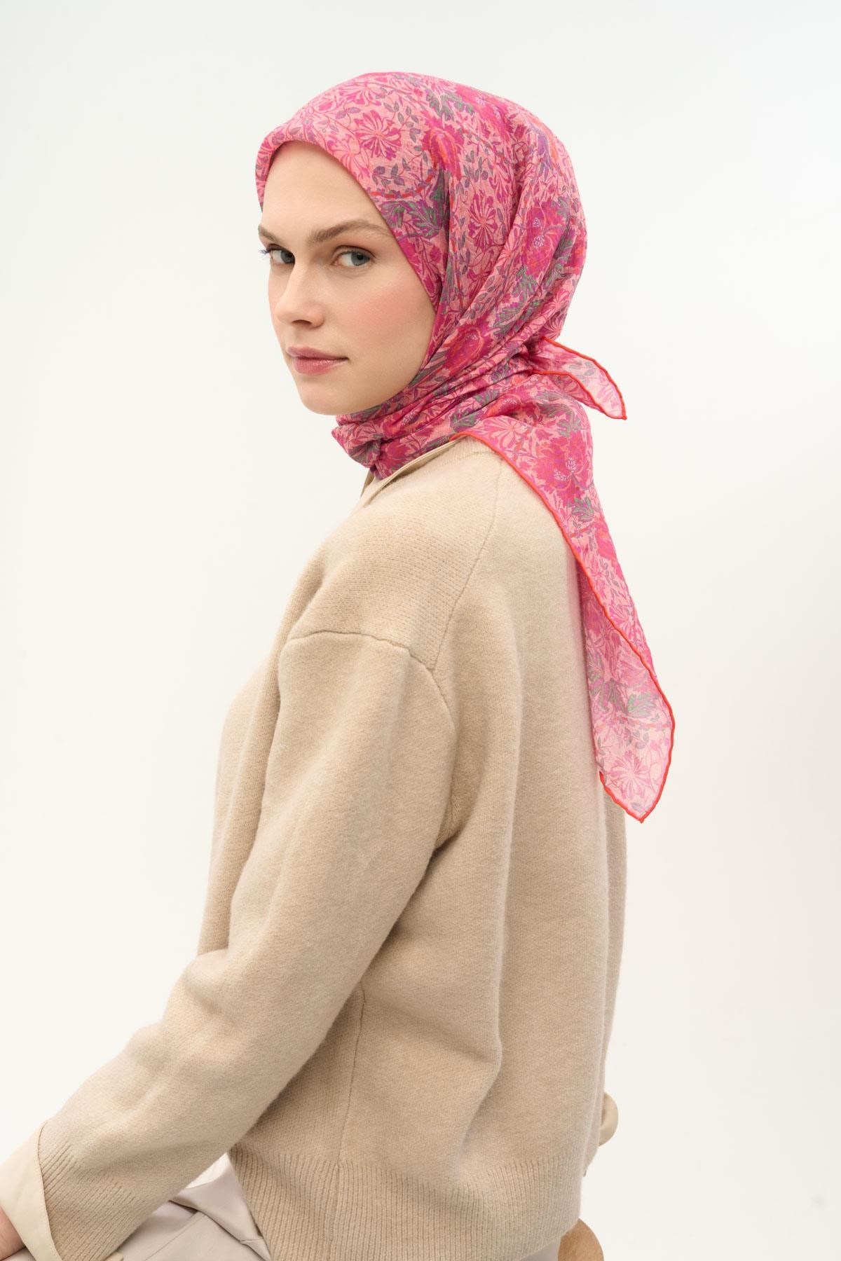 Tencel Monare Eşarp Floral Desen Tozpembe 90X90