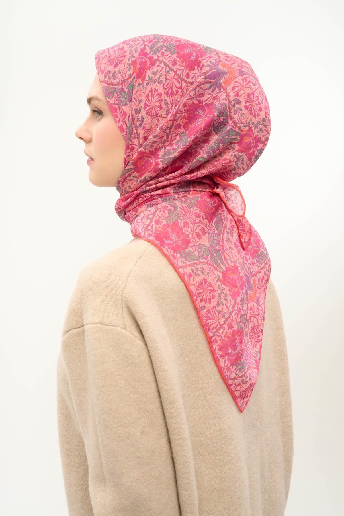 Tencel Monare Eşarp Floral Desen Tozpembe 90X90