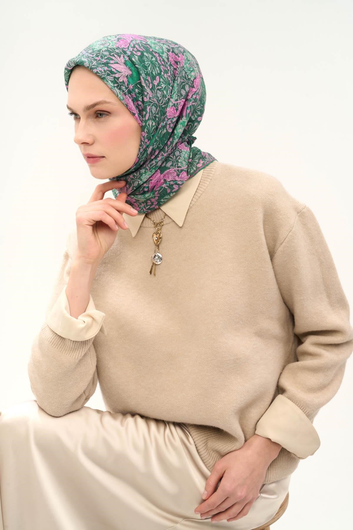 Tencel Monare Eşarp Floral Desen Yeşil 90X90