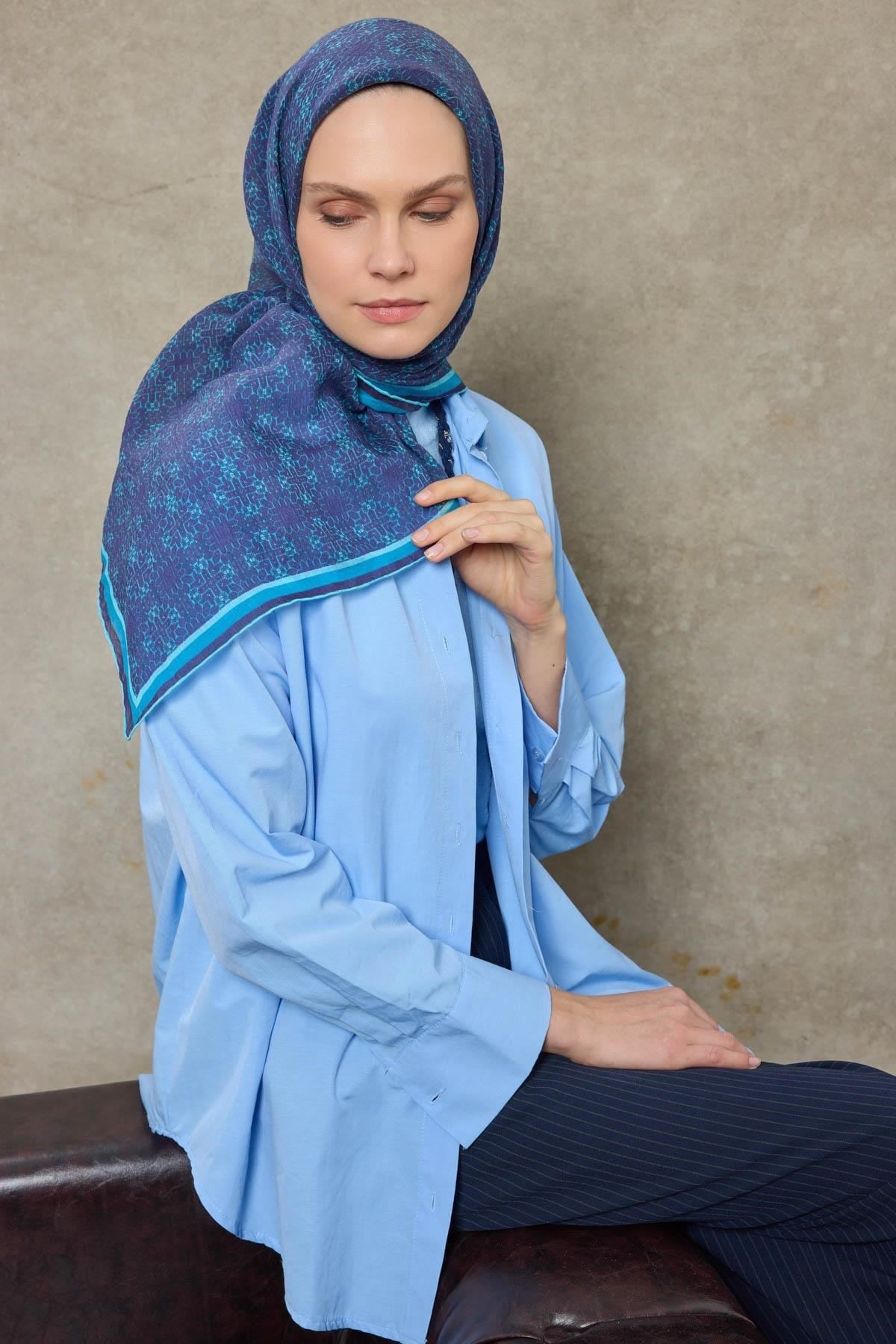 Tencel Monare Eşarp Geometrik Motif Desen Gök Mavi 90X90