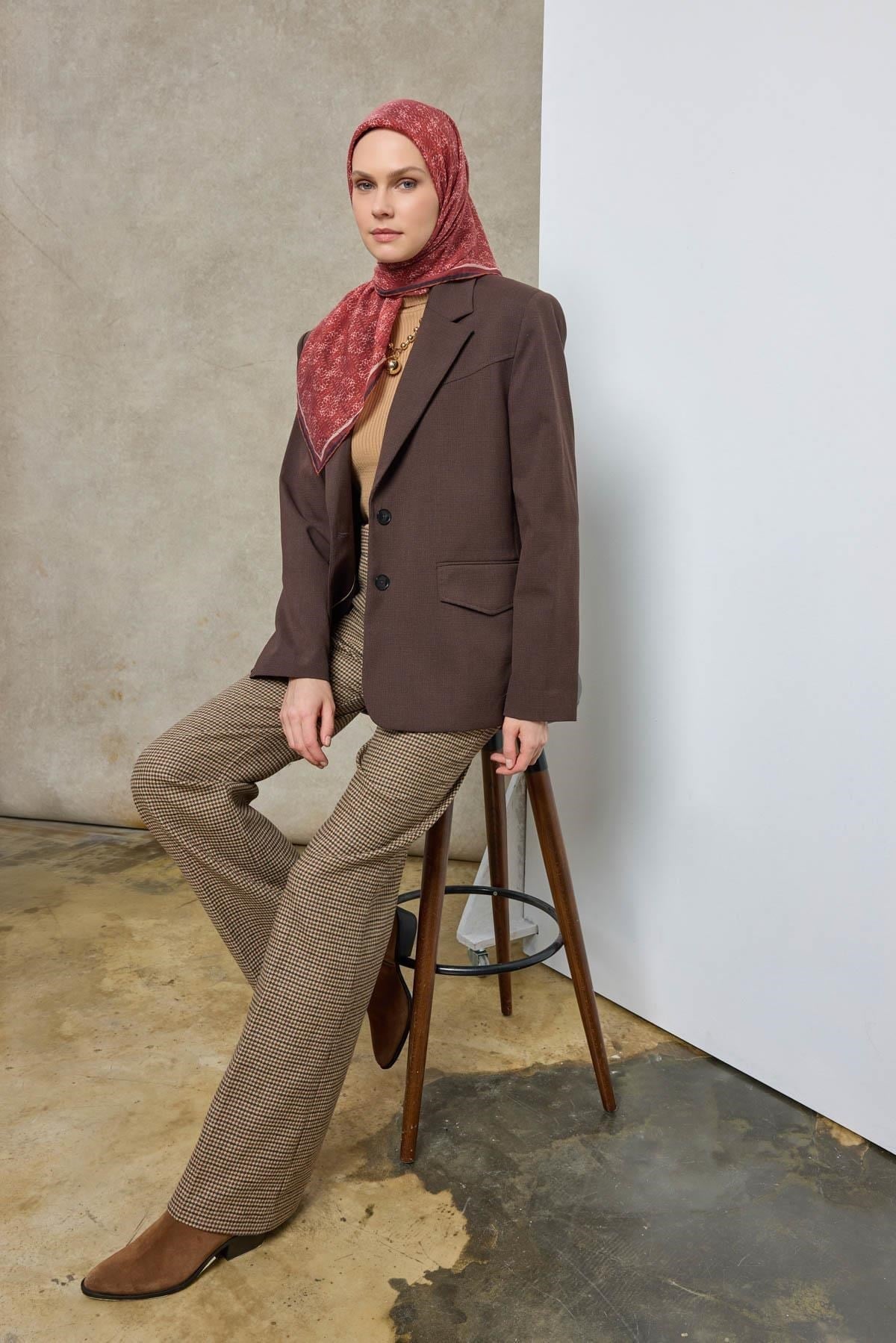 Tencel Monare Eşarp Geometrik Motif Desen Kiremit Kırmızı 90X90