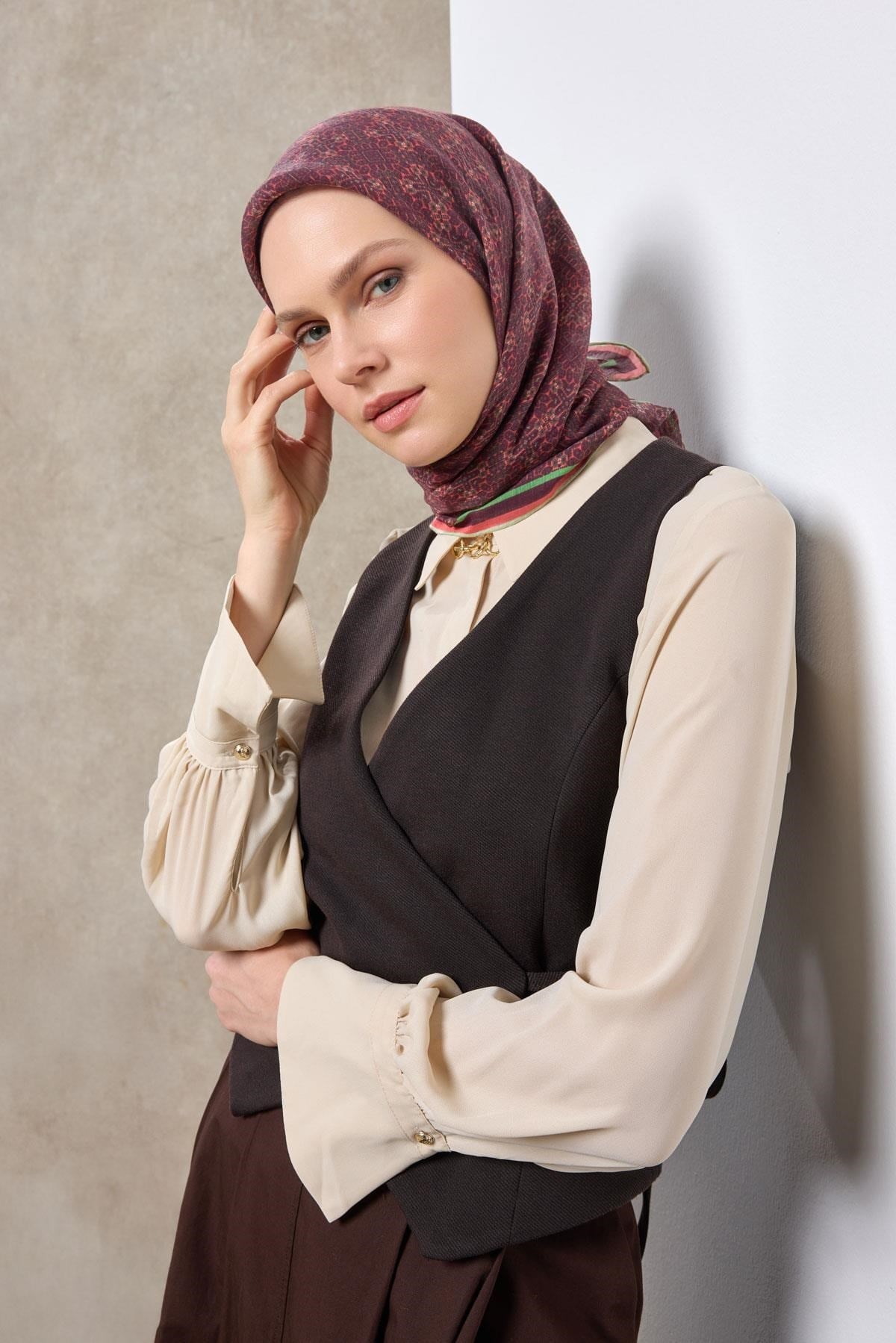 Tencel Monare Eşarp Geometrik Motif Desen Mürdüm 90X90