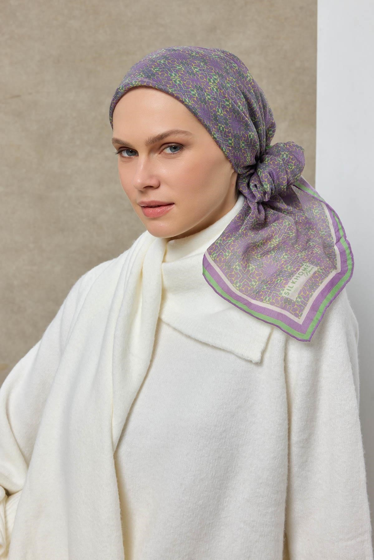 Tencel Monare Eşarp Geometrik Motif Desen Eflatun 90X90