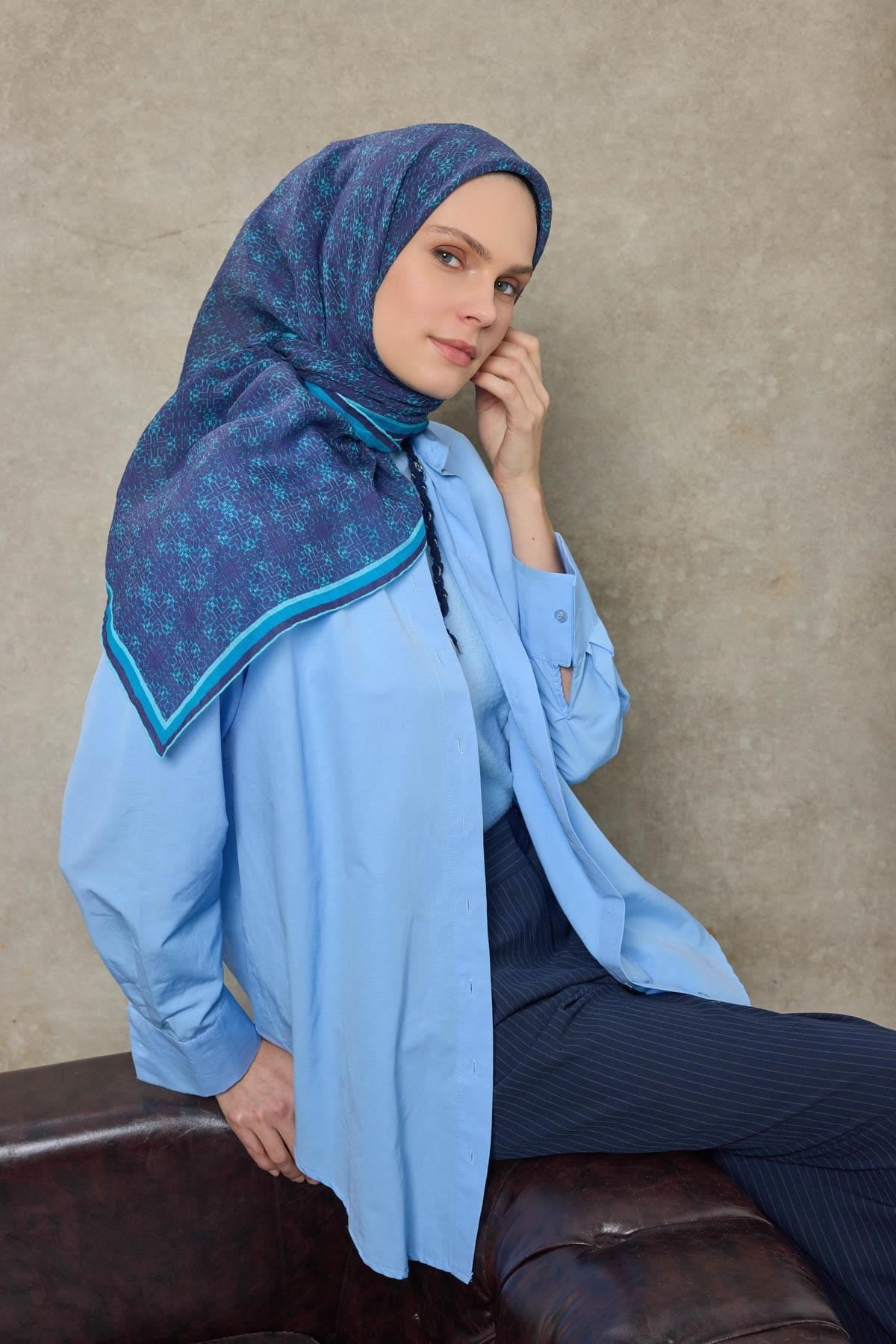 Tencel Monare Eşarp Geometrik Motif Desen Gök Mavi 90X90