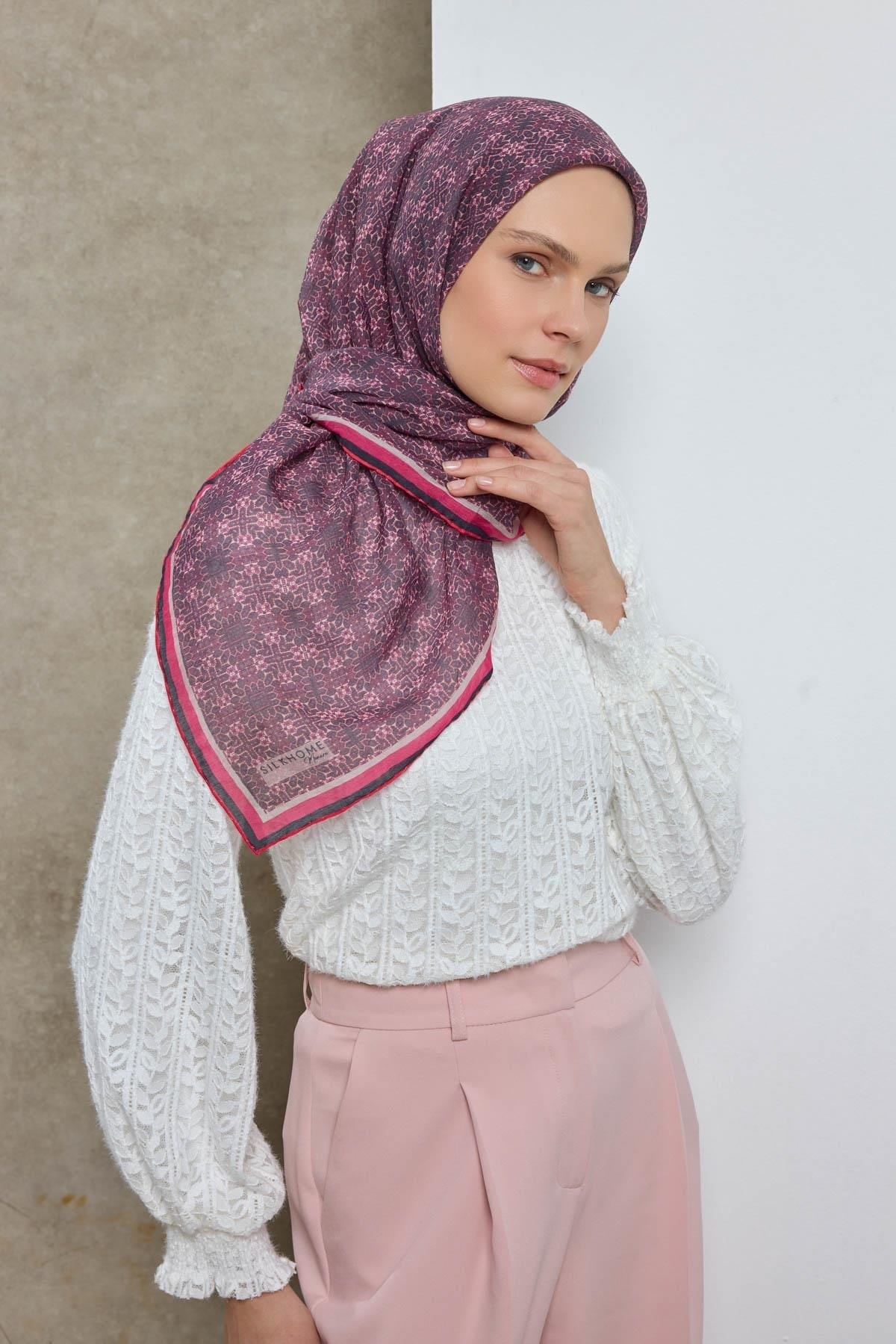 Tencel Monare Eşarp Geometrik Motif Desen Mor 90X90