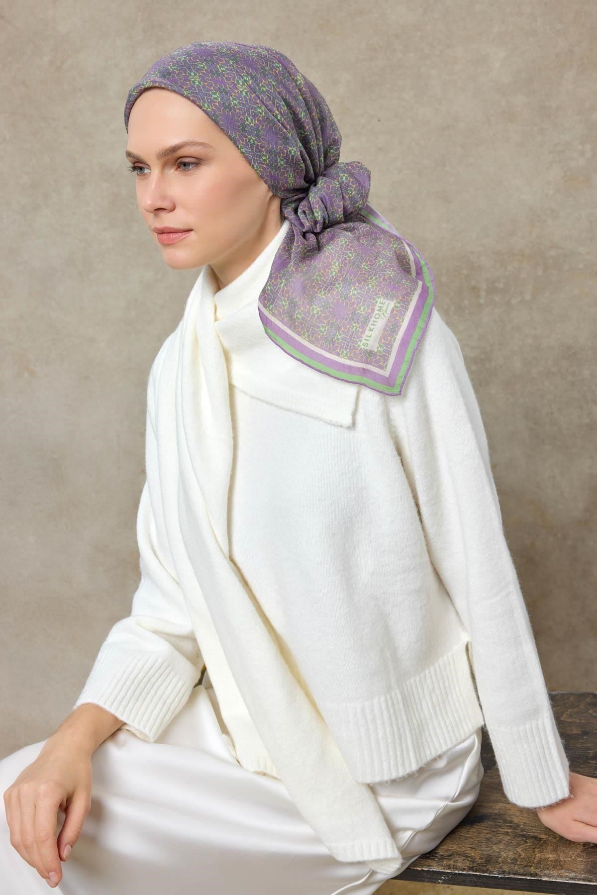 Tencel Monare Eşarp Geometrik Motif Desen Eflatun 90X90