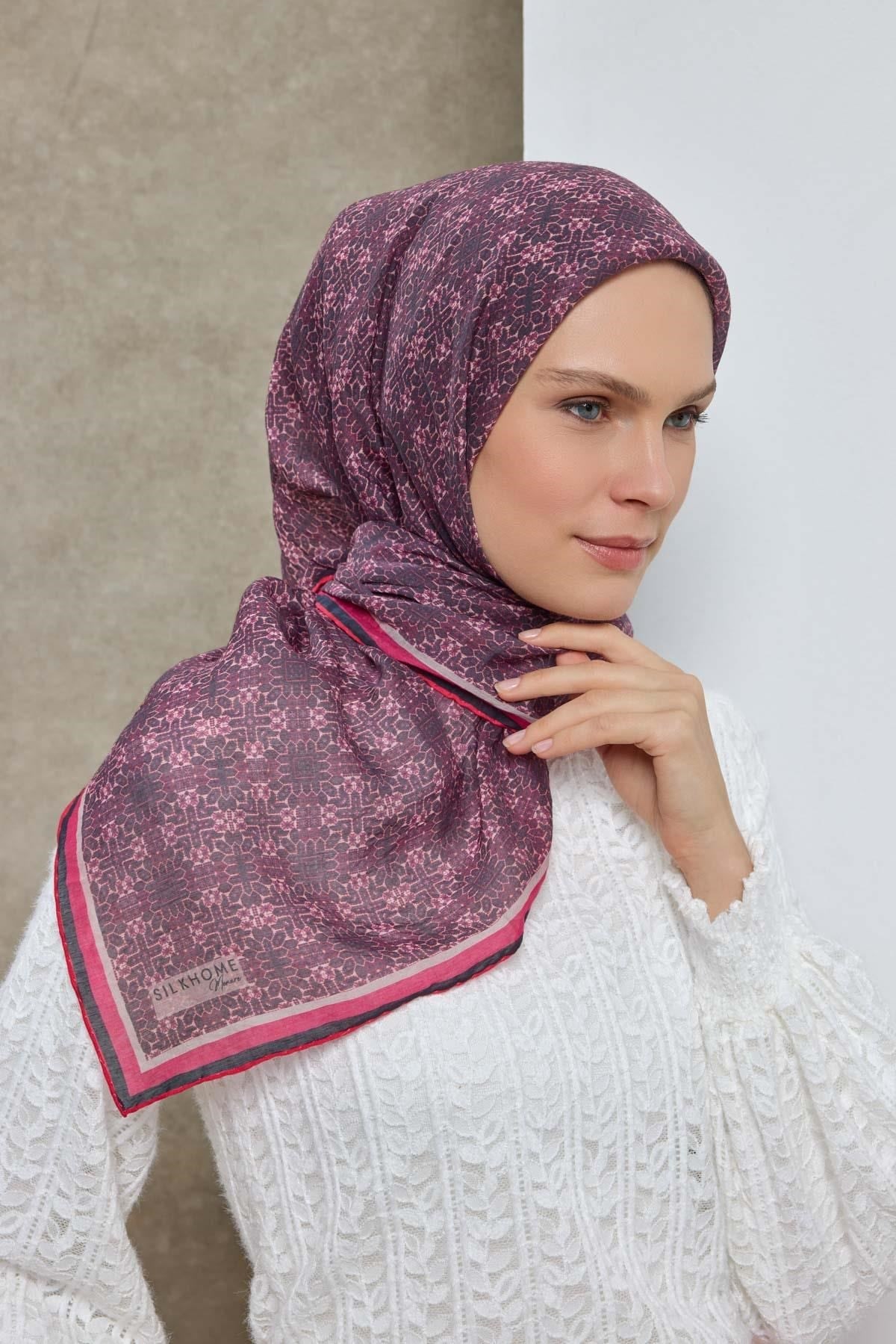 Tencel Monare Eşarp Geometrik Motif Desen Mor 90X90