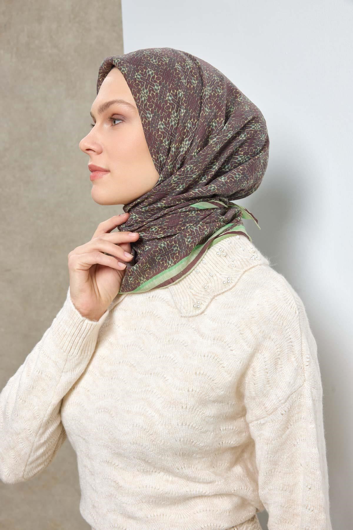 Tencel Monare Eşarp Geometrik Motif Desen Koyu Mürdüm 90X90