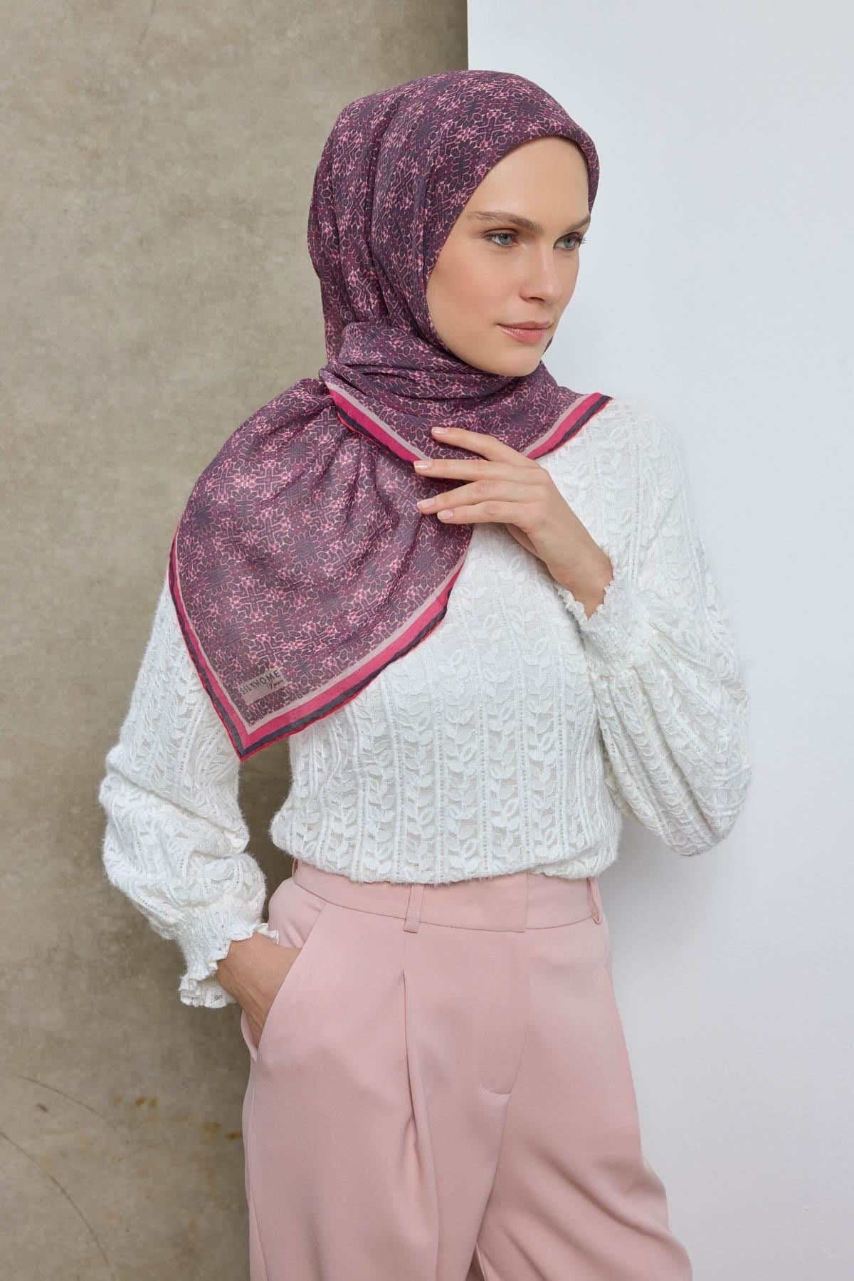 Tencel Monare Eşarp Geometrik Motif Desen Mor 90X90