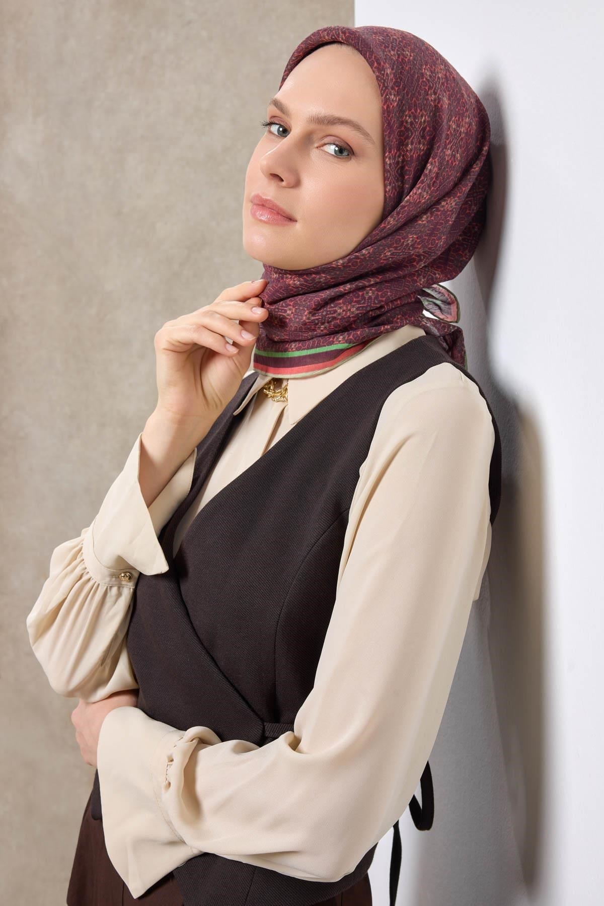 Tencel Monare Eşarp Geometrik Motif Desen Mürdüm 90X90
