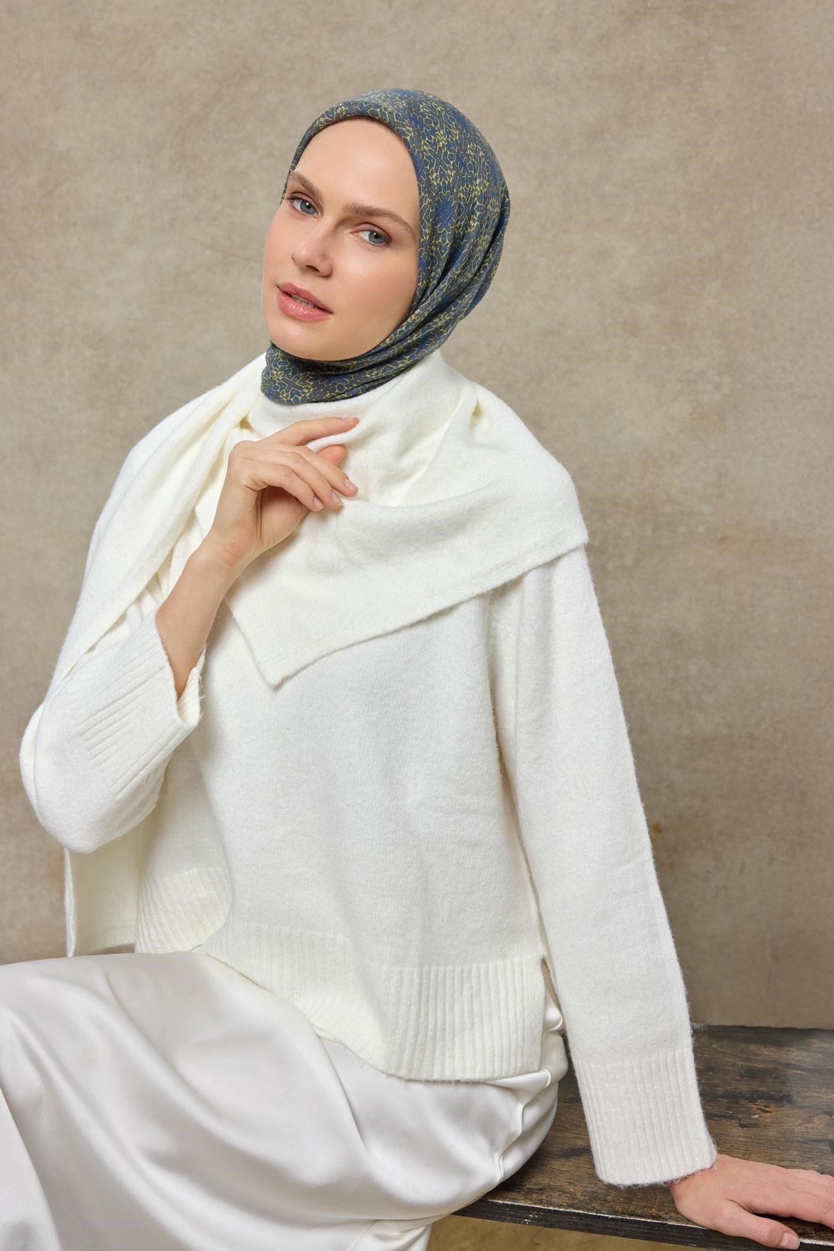 Tencel Monare Eşarp Geometrik Motif Desen Mavi Sarı 90X90